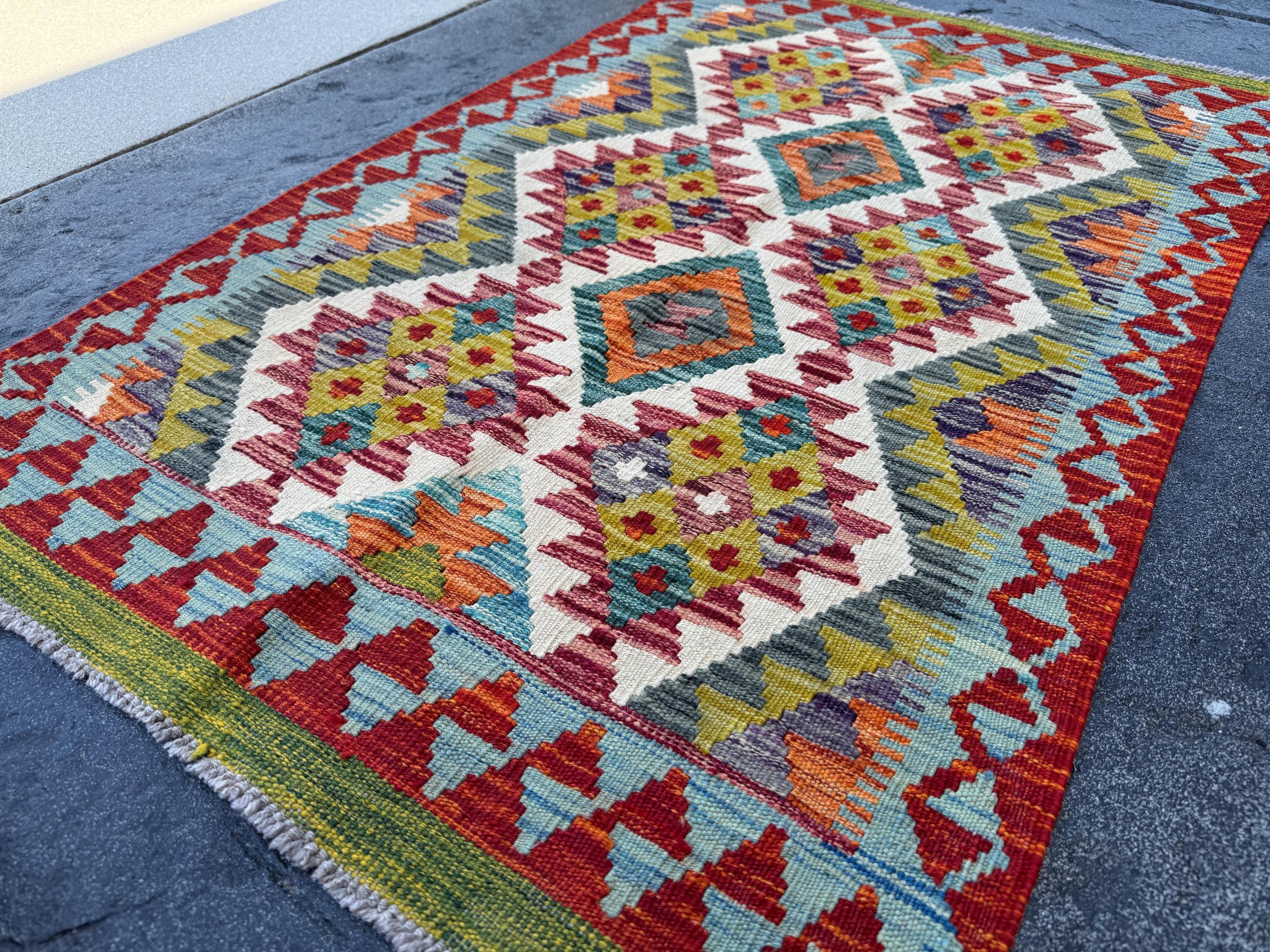 3x4 (91x121) Handmade Afghan Kilim Rug | Scarlet Brick Red Emerald Olive Green White Baby Denim Teal Prussian Blue Mustard Yellow Grey