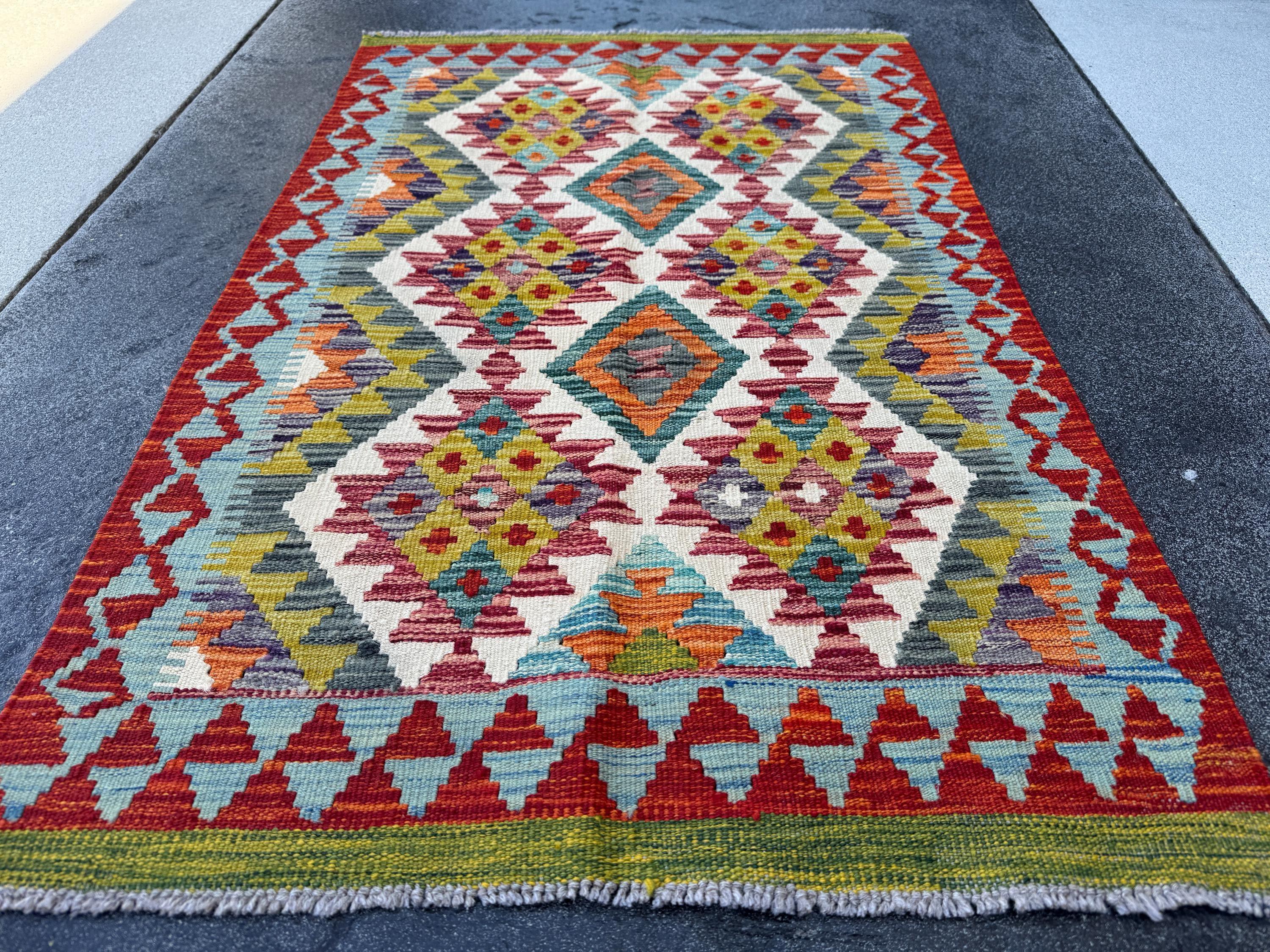 3x4 (91x121) Handmade Afghan Kilim Rug | Scarlet Brick Red Emerald Olive Green White Baby Denim Teal Prussian Blue Mustard Yellow Grey
