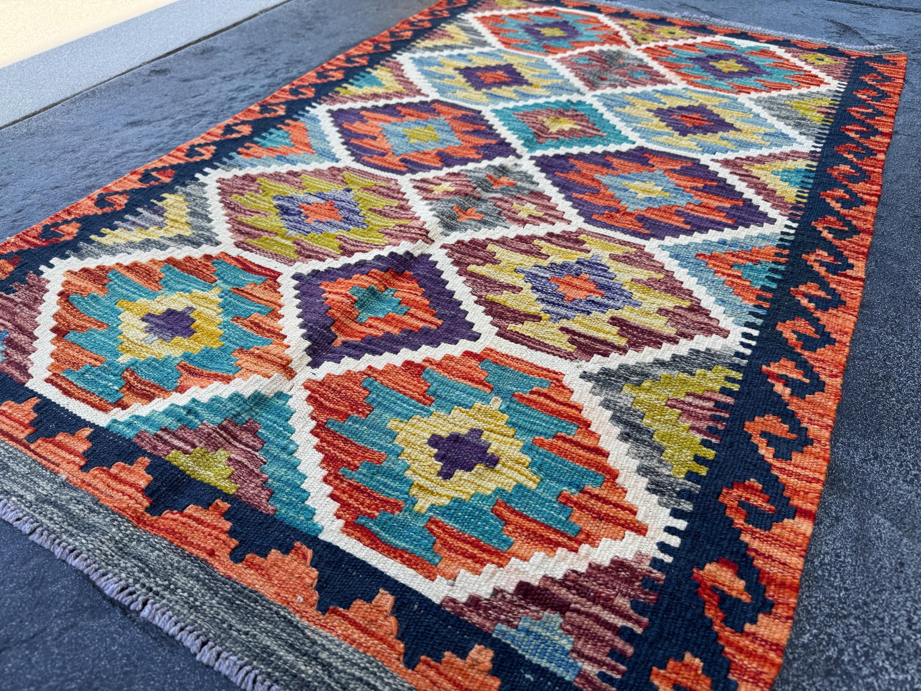 3x4 (91x121) Handmade Afghan Kilim Rug | Orange Black Teal Turquoise White Grey Moss Sage Green Purple Maroon Red | Wool Flatweave Bold