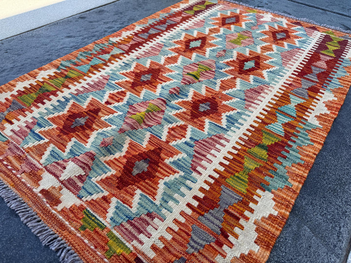 3x4 (91x121) Handmade Afghan Kilim Rug | Burnt Orange Blood Brick Scarlet Red Cream White Denim Blue Grey Black Forest Moss Green | Wool
