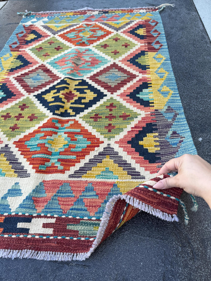 3x4 Handmade Afghan Kilim Rug | Aqua Blue Mustard Yellow Olive Green Brick Rose Red Cream White Teal Purple Grey Black | Wool Flatwoven