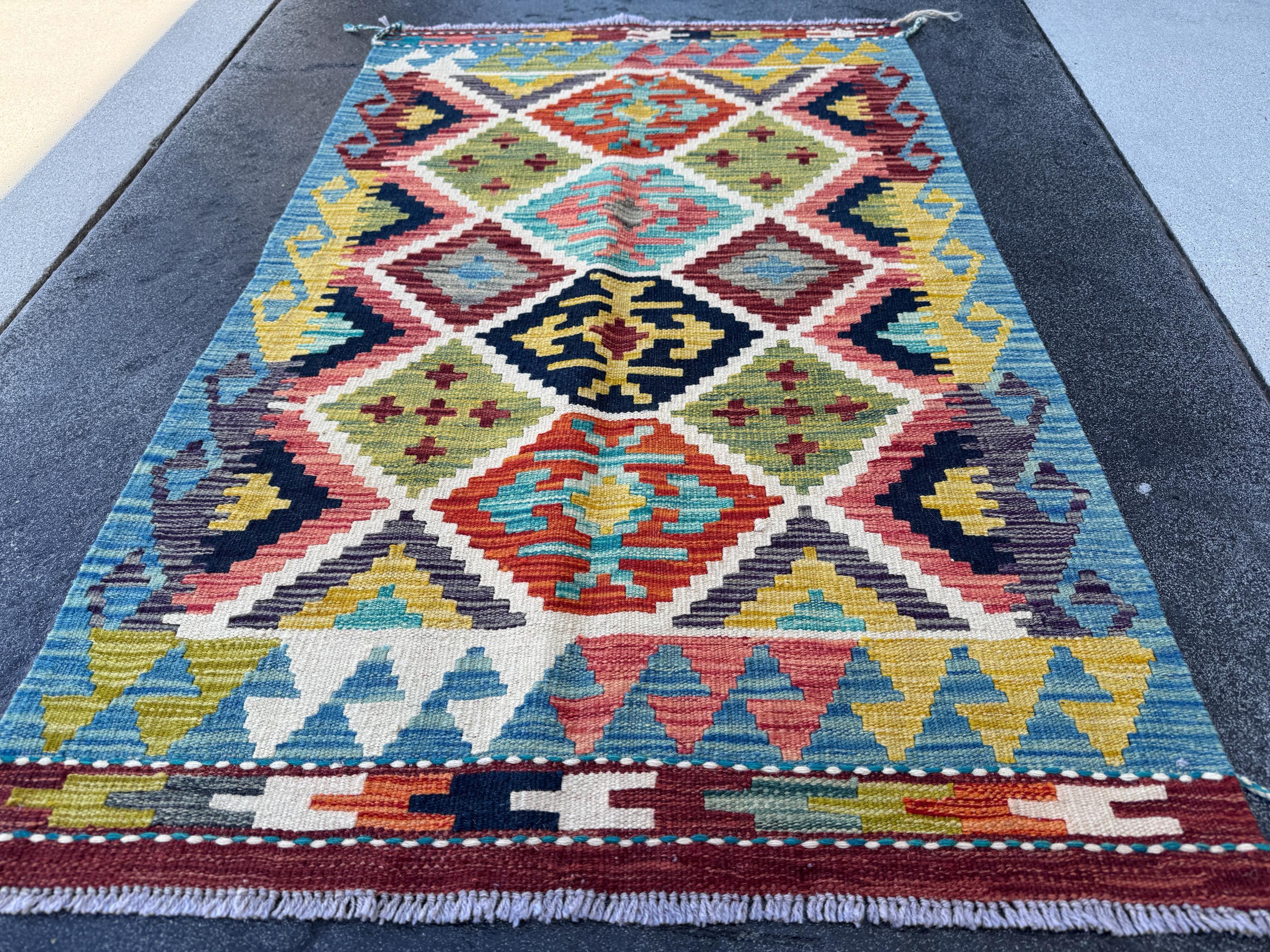 3x4 Handmade Afghan Kilim Rug | Aqua Blue Mustard Yellow Olive Green Brick Rose Red Cream White Teal Purple Grey Black | Wool Flatwoven