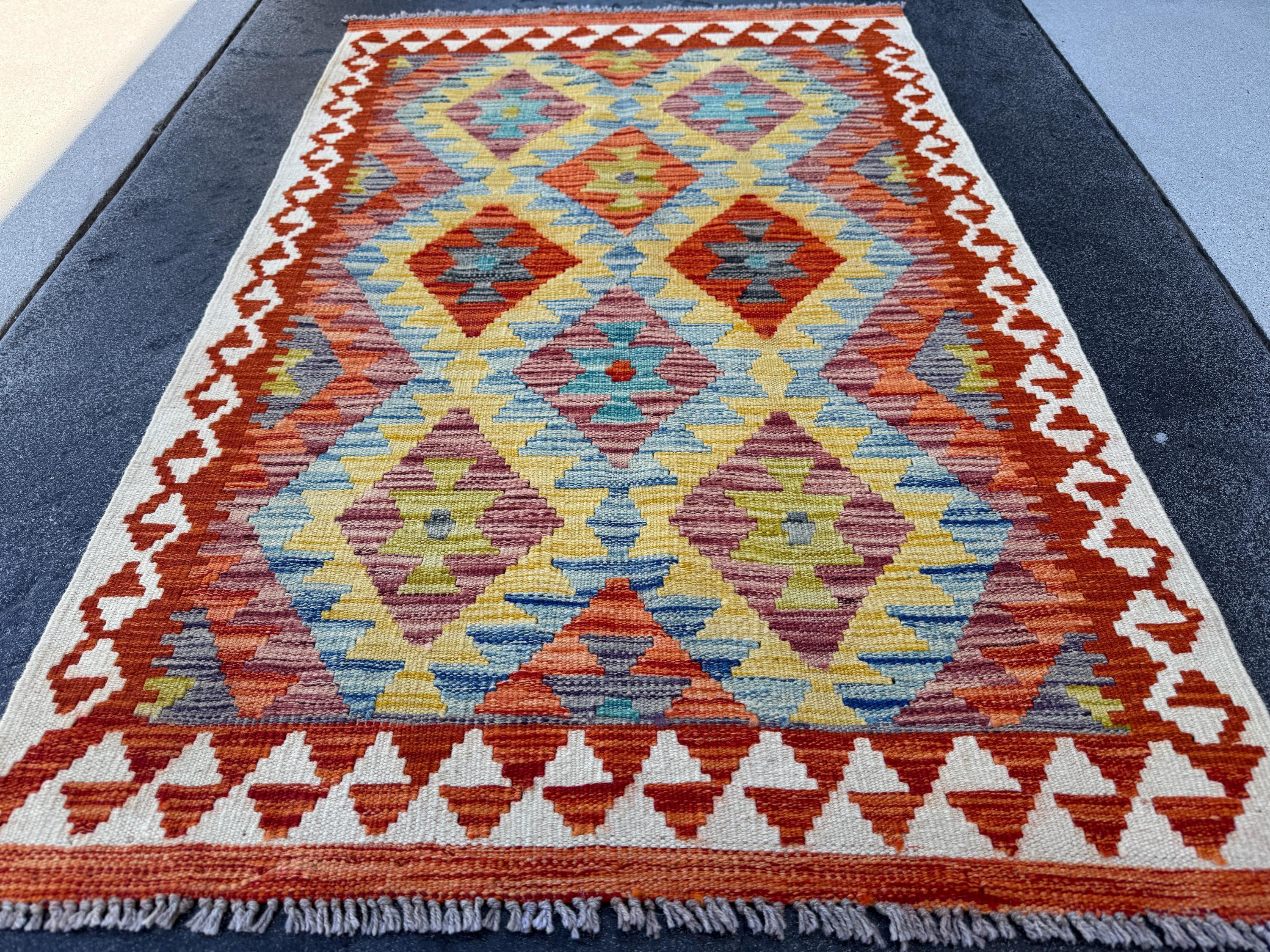 3x4 (91x121) Handmade Afghan Kilim Rug | White Crimson Rust Auburn Red Olive Chartreuse Green Denim Sky Navy Blue Orange Black Grey | Wool