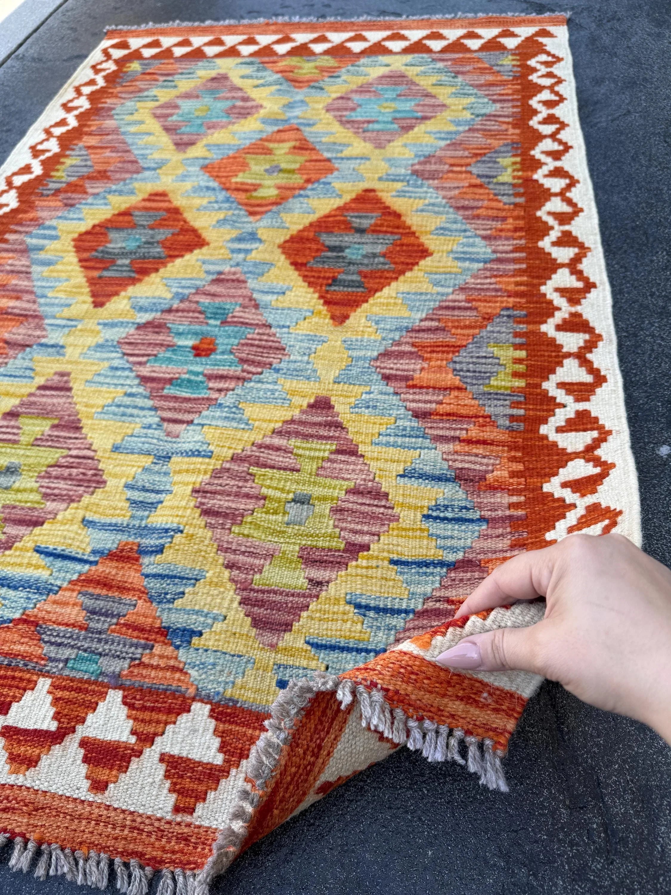 3x4 (91x121) Handmade Afghan Kilim Rug | White Crimson Rust Auburn Red Olive Chartreuse Green Denim Sky Navy Blue Orange Black Grey | Wool