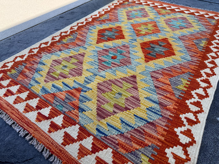 3x4 (91x121) Handmade Afghan Kilim Rug | White Crimson Rust Auburn Red Olive Chartreuse Green Denim Sky Navy Blue Orange Black Grey | Wool