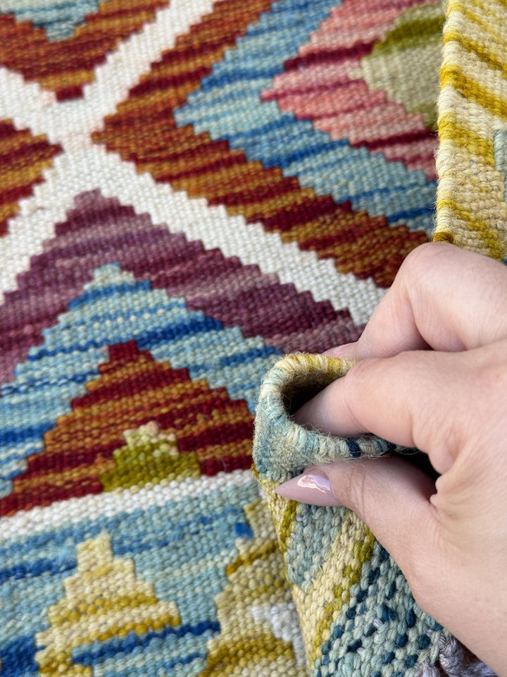 3x4 (91x121) Handmade Afghan Kilim Rug | Olive Moss Sage Green Aqua Denim Blue Eggplant Purple Brick Maroon Red Orange White Teal