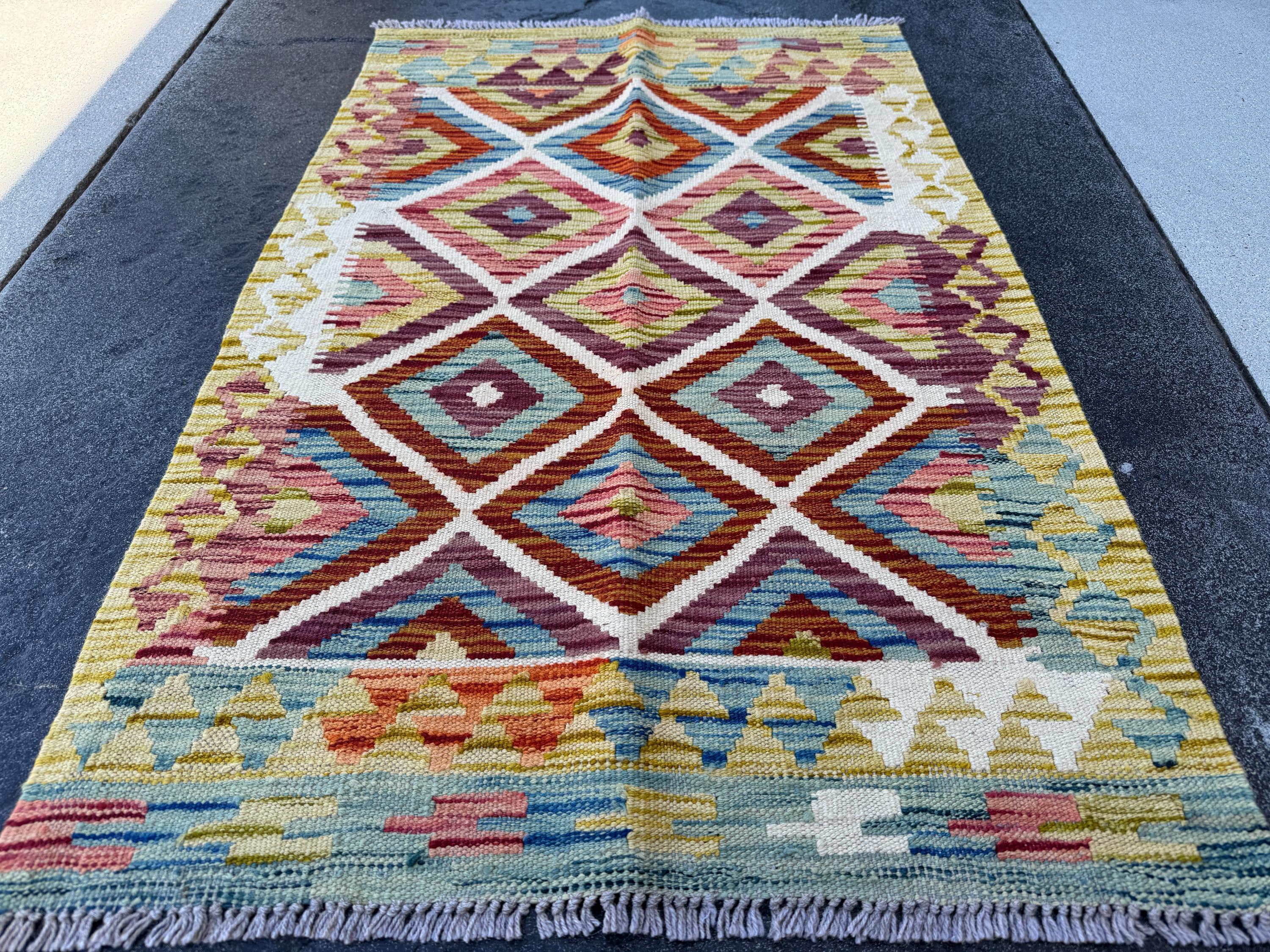 3x4 (91x121) Handmade Afghan Kilim Rug | Olive Moss Sage Green Aqua Denim Blue Eggplant Purple Brick Maroon Red Orange White Teal