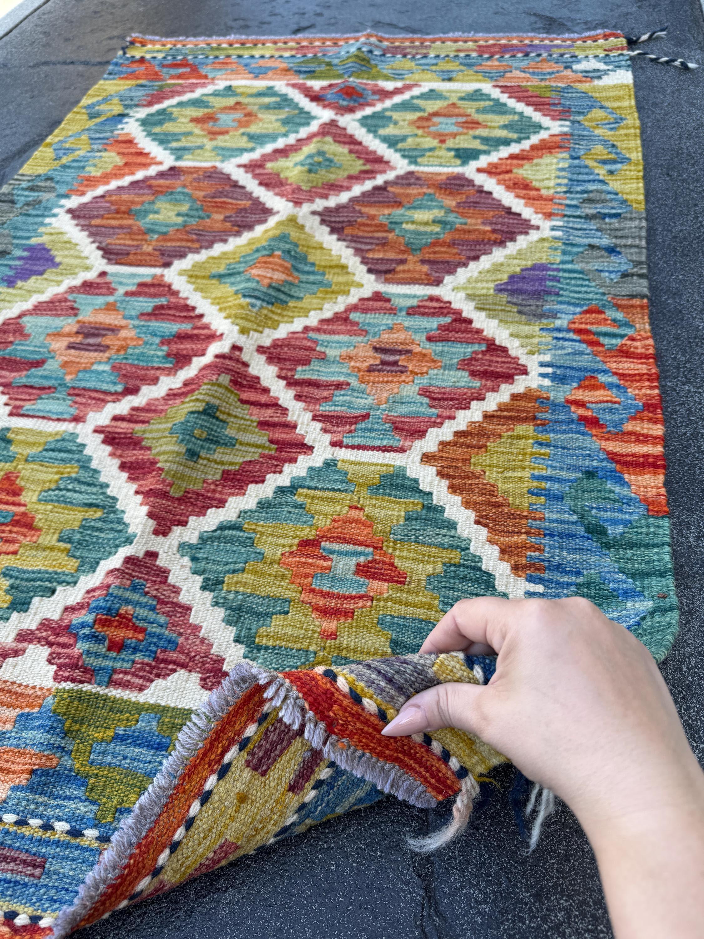 3x4 (91x121) Handmade Afghan Kilim Rug | Teal Olive Green Scarlet Maroon Red Rust Burnt Orange Aqua Sky Blue Purple White Grey | Flatwoven