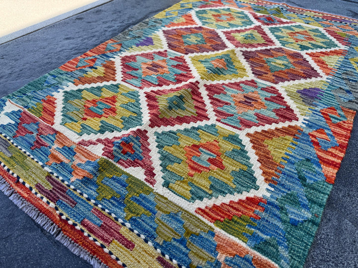 3x4 (91x121) Handmade Afghan Kilim Rug | Teal Olive Green Scarlet Maroon Red Rust Burnt Orange Aqua Sky Blue Purple White Grey | Flatwoven