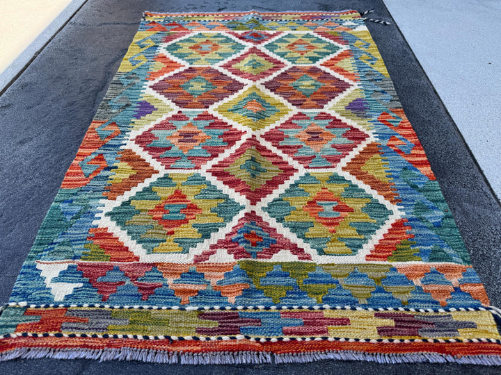 3x4 (91x121) Handmade Afghan Kilim Rug | Teal Olive Green Scarlet Maroon Red Rust Burnt Orange Aqua Sky Blue Purple White Grey | Flatwoven