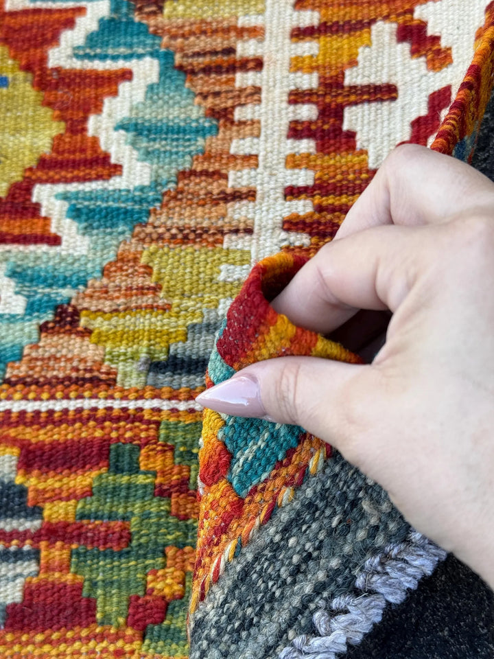 3x4 (91x121) Handmade Afghan Kilim Rug | Burnt Orange Mustard Yellow Olive Green Rust Red Teal Aqua Blue Cream White Navy Purple Grey