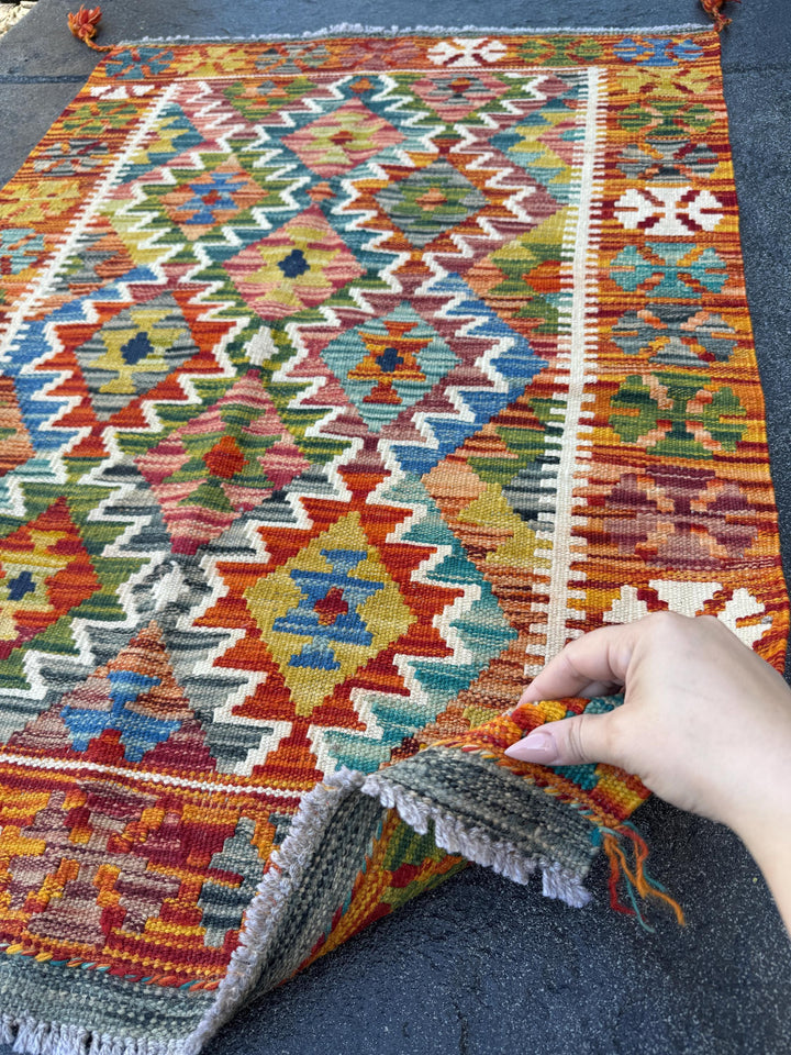 3x4 (91x121) Handmade Afghan Kilim Rug | Burnt Orange Mustard Yellow Olive Green Rust Red Teal Aqua Blue Cream White Navy Purple Grey