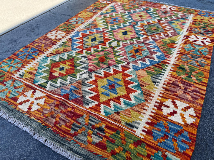 3x4 (91x121) Handmade Afghan Kilim Rug | Burnt Orange Mustard Yellow Olive Green Rust Red Teal Aqua Blue Cream White Navy Purple Grey