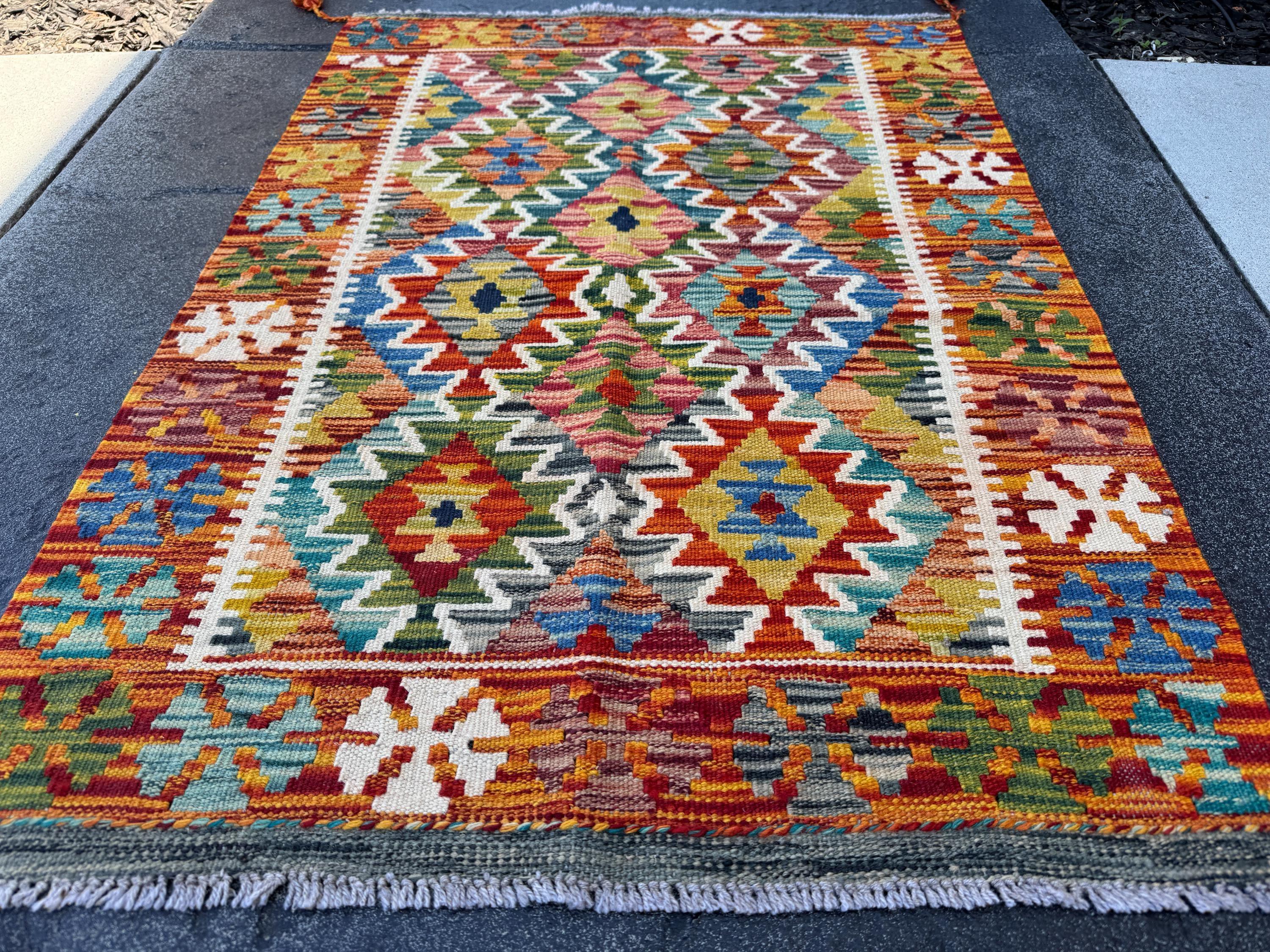 3x4 (91x121) Handmade Afghan Kilim Rug | Burnt Orange Mustard Yellow Olive Green Rust Red Teal Aqua Blue Cream White Navy Purple Grey