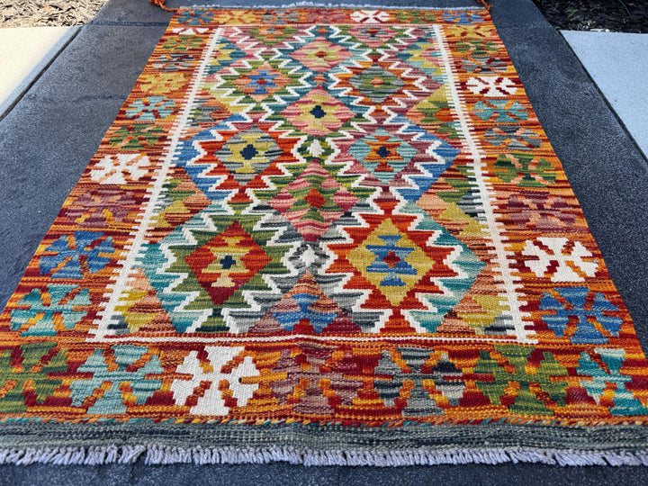 3x4 (91x121) Handmade Afghan Kilim Rug | Burnt Orange Mustard Yellow Olive Green Rust Red Teal Aqua Blue Cream White Navy Purple Grey