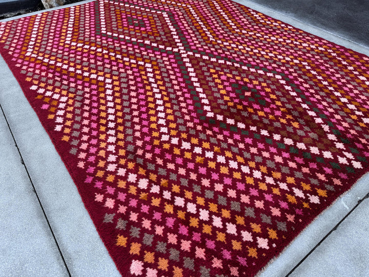 7x10 (215x305) Handmade Vintage Afghan Baluch Rug | Burgundy Red Pink Magenta Rust Orange Mustard Yellow Forest Green Olive Brown Cream
