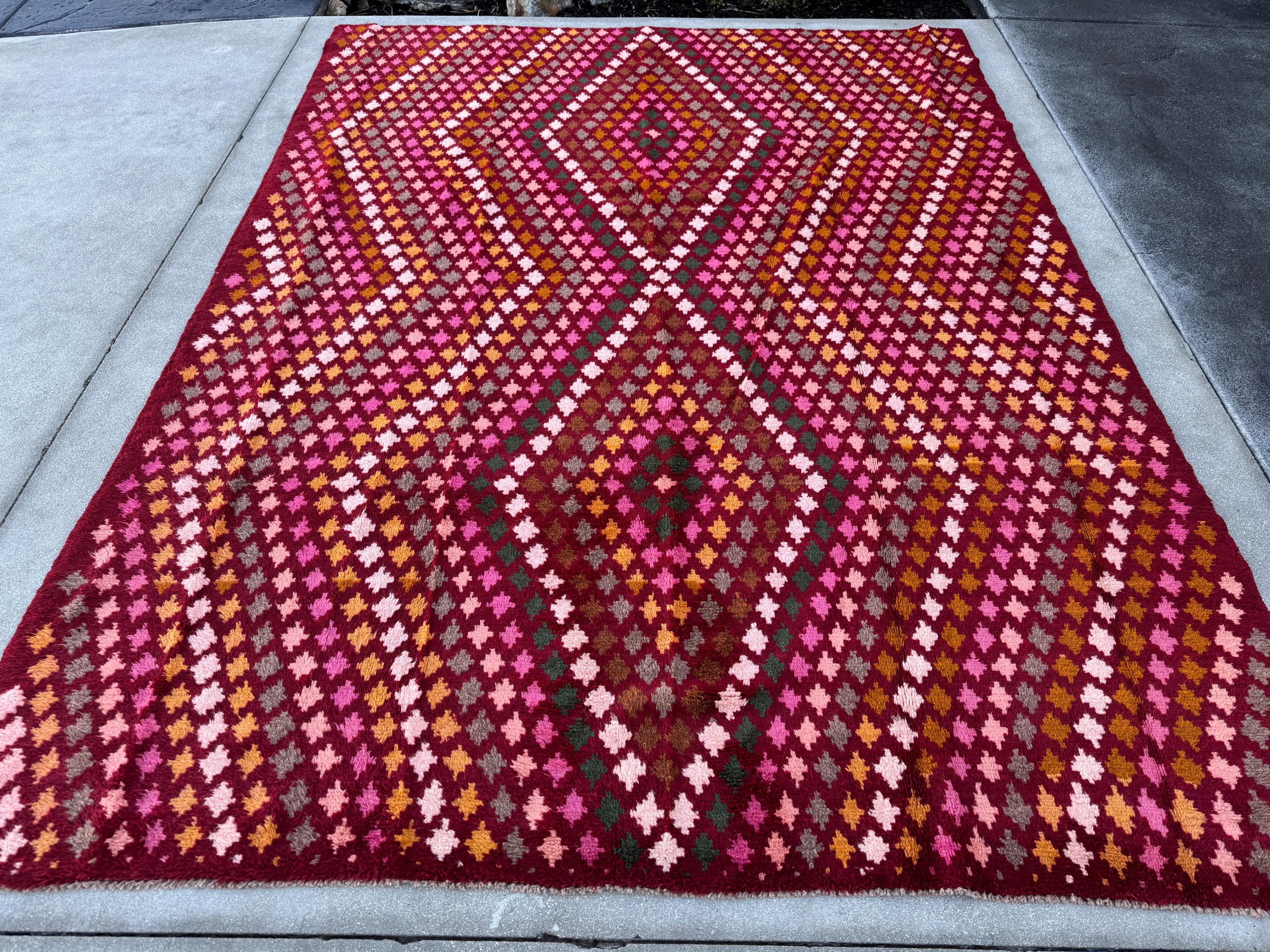 7x10 (215x305) Handmade Vintage Afghan Baluch Rug | Burgundy Red Pink Magenta Rust Orange Mustard Yellow Forest Green Olive Brown Cream