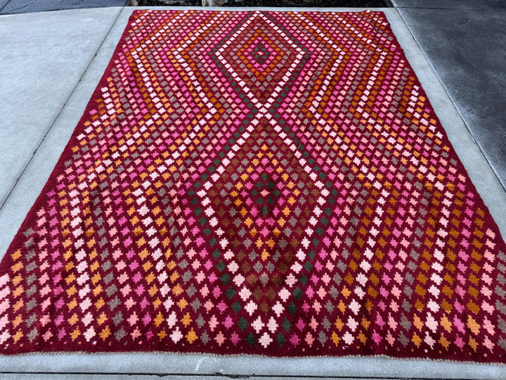 7x10 (215x305) Handmade Vintage Afghan Baluch Rug | Burgundy Red Pink Magenta Rust Orange Mustard Yellow Forest Green Olive Brown Cream