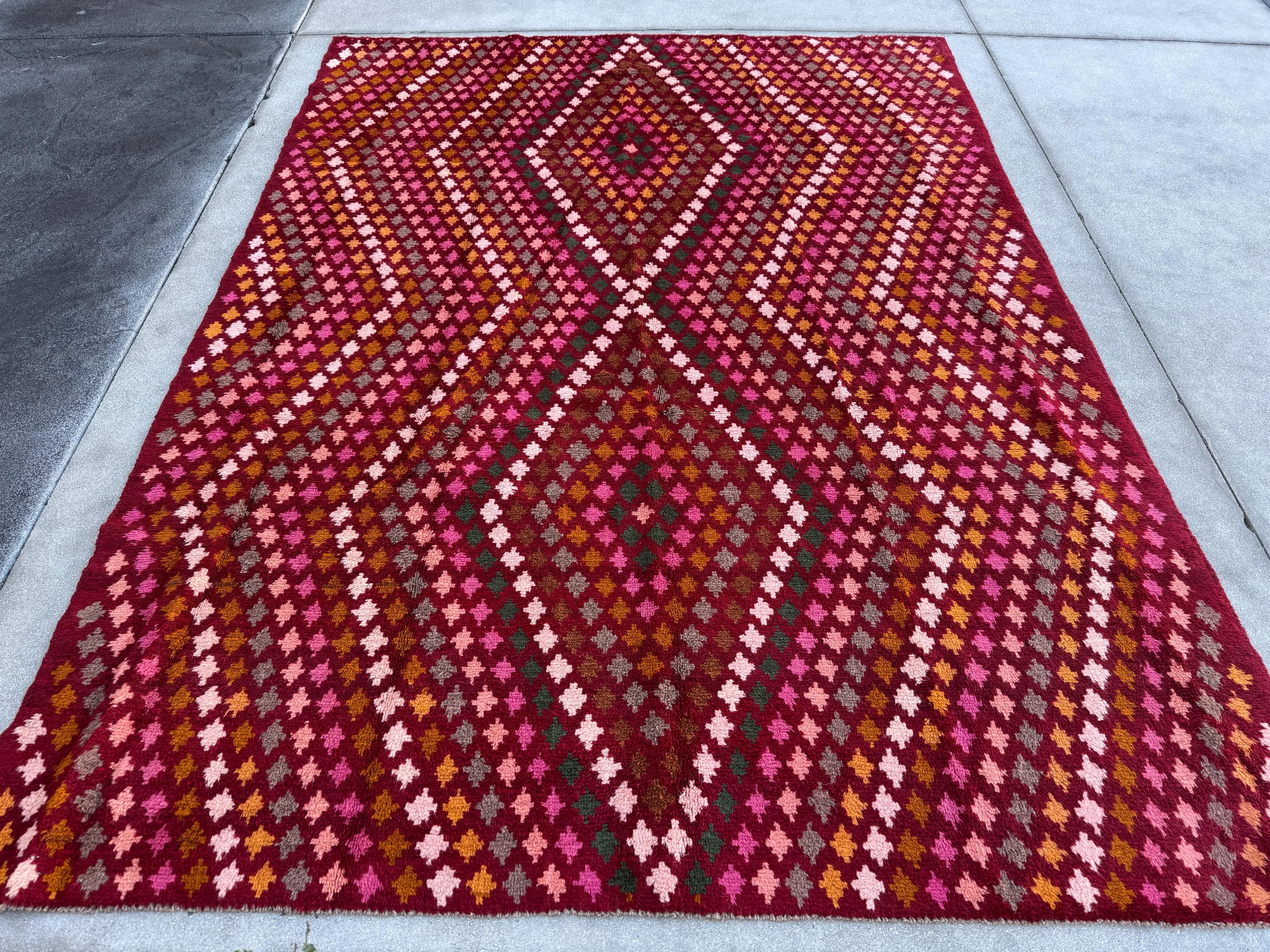 7x10 (215x305) Handmade Vintage Afghan Baluch Rug | Burgundy Red Pink Magenta Rust Orange Mustard Yellow Forest Green Olive Brown Cream