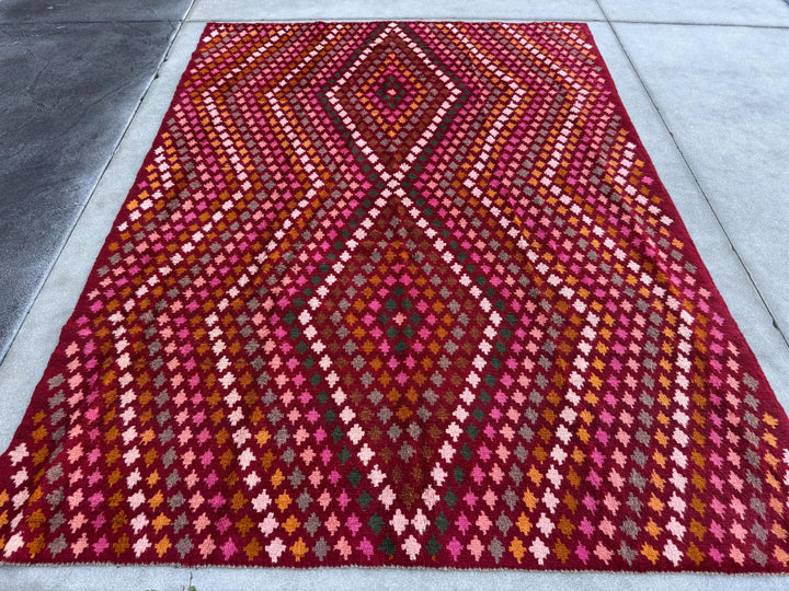 7x10 (215x305) Handmade Vintage Afghan Baluch Rug | Burgundy Red Pink Magenta Rust Orange Mustard Yellow Forest Green Olive Brown Cream