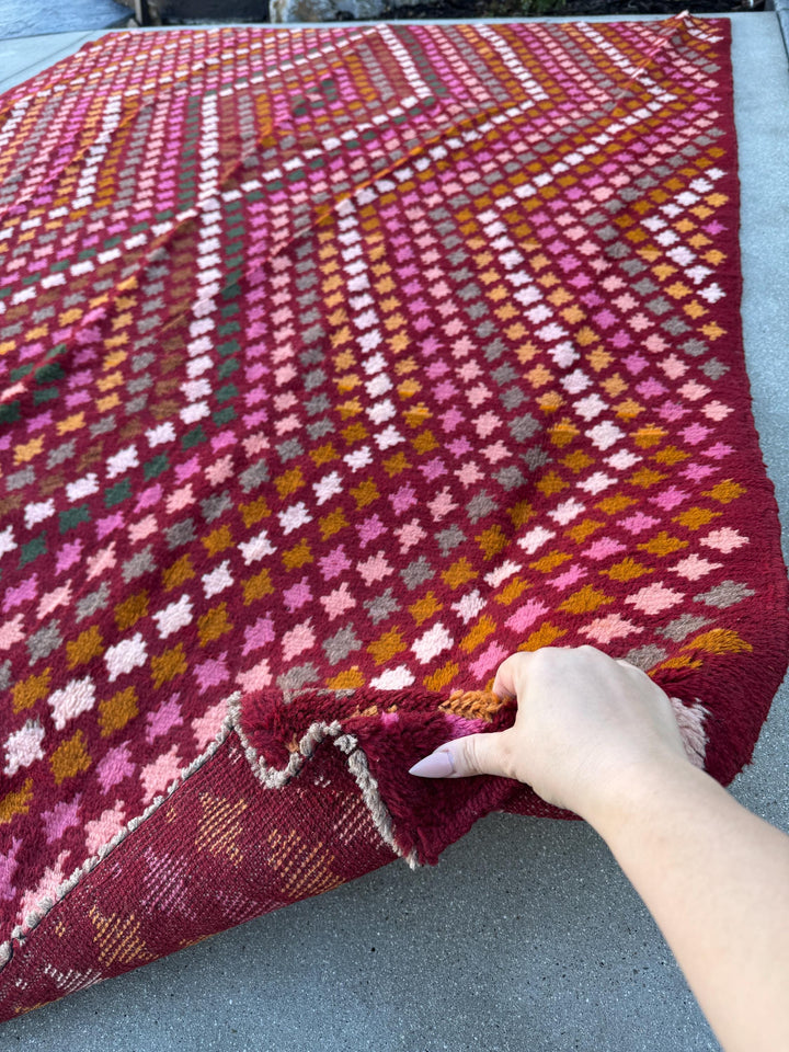 7x10 (215x305) Handmade Vintage Afghan Baluch Rug | Burgundy Red Pink Magenta Rust Orange Mustard Yellow Forest Green Olive Brown Cream