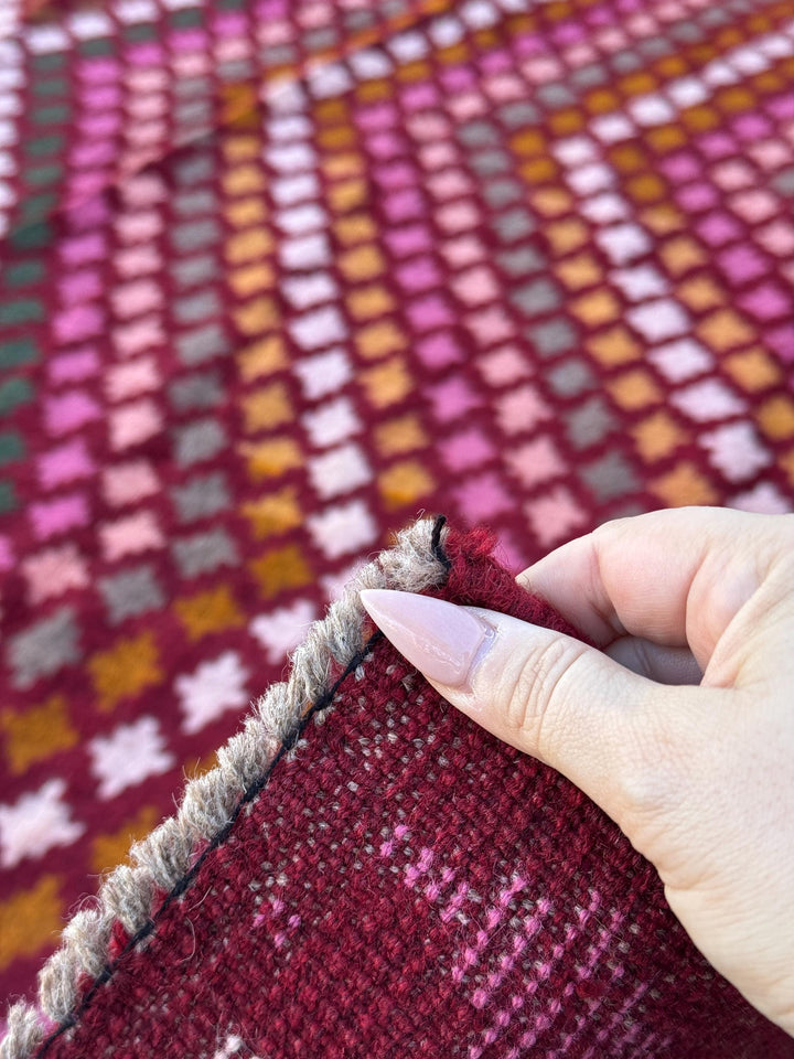 7x10 (215x305) Handmade Vintage Afghan Baluch Rug | Burgundy Red Pink Magenta Rust Orange Mustard Yellow Forest Green Olive Brown Cream