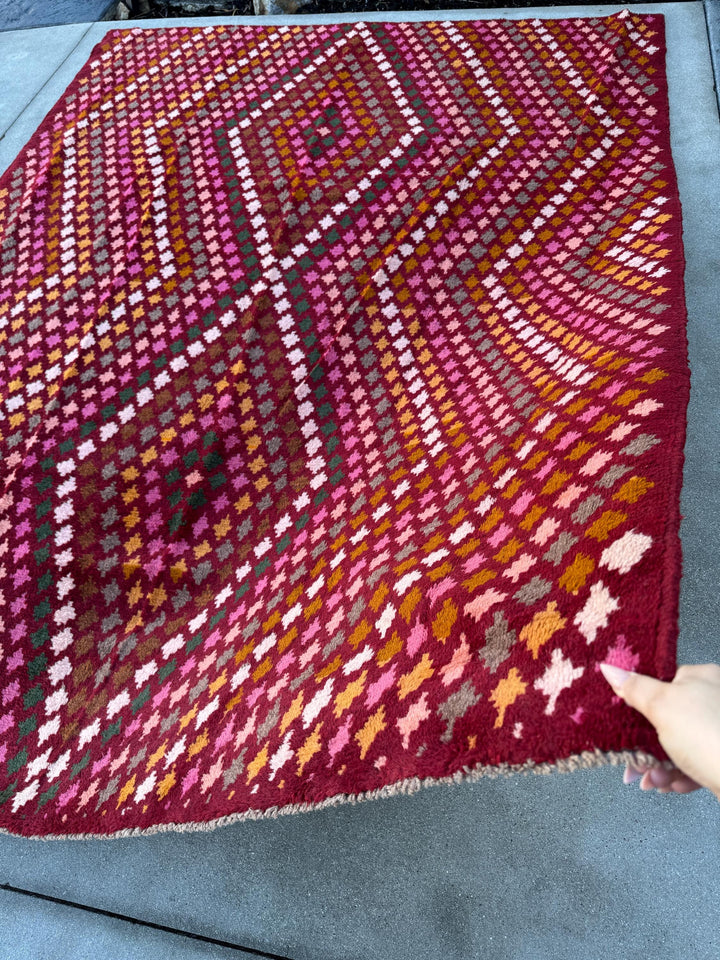 7x10 (215x305) Handmade Vintage Afghan Baluch Rug | Burgundy Red Pink Magenta Rust Orange Mustard Yellow Forest Green Olive Brown Cream