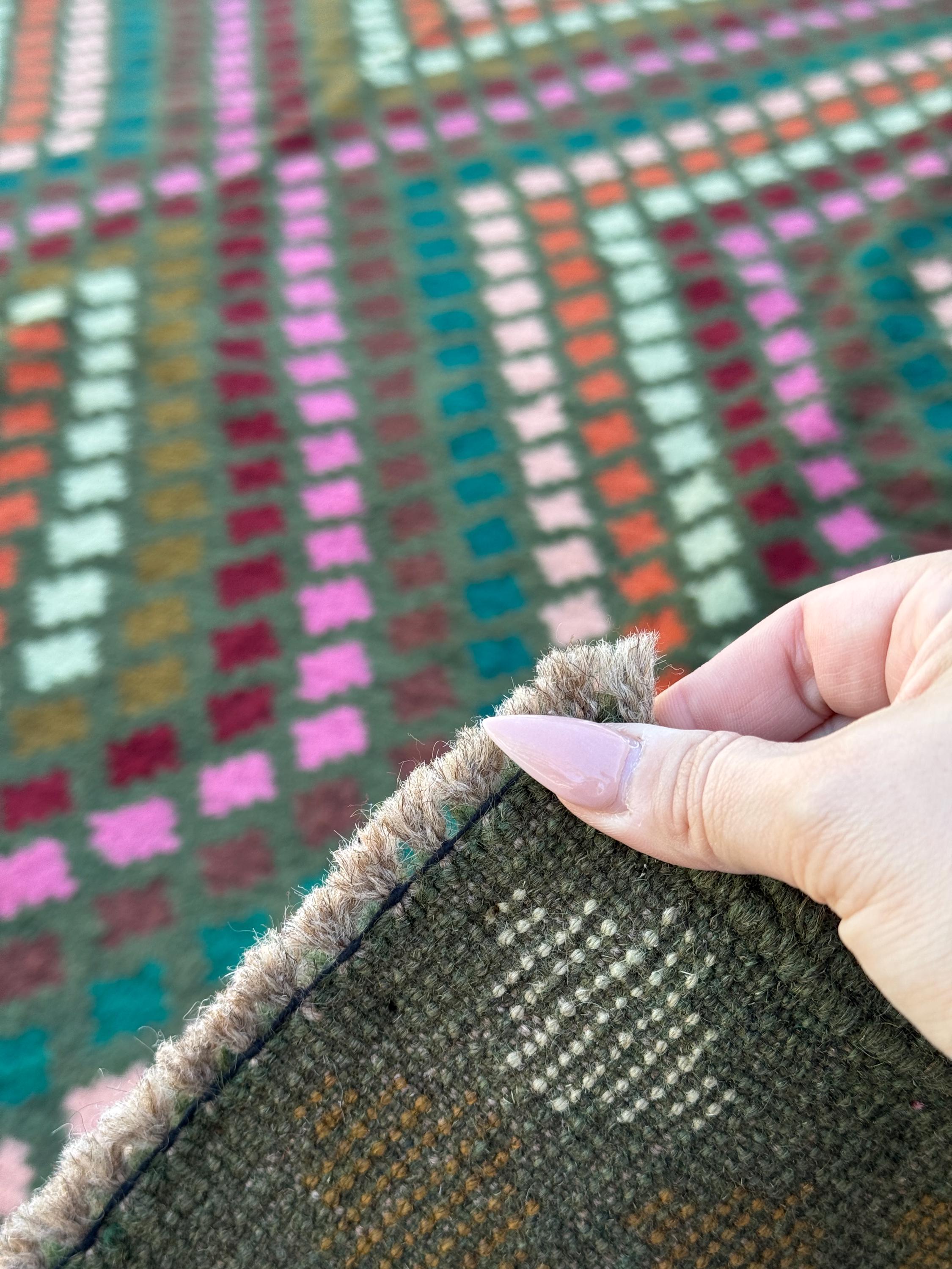 7x10 (215x305) Handmade Vintage Afghan Baluch Rug | Olive Green Burgundy Pink Coral Burnt Orange Cream White Mustard Yellow Teal Aqua Blue