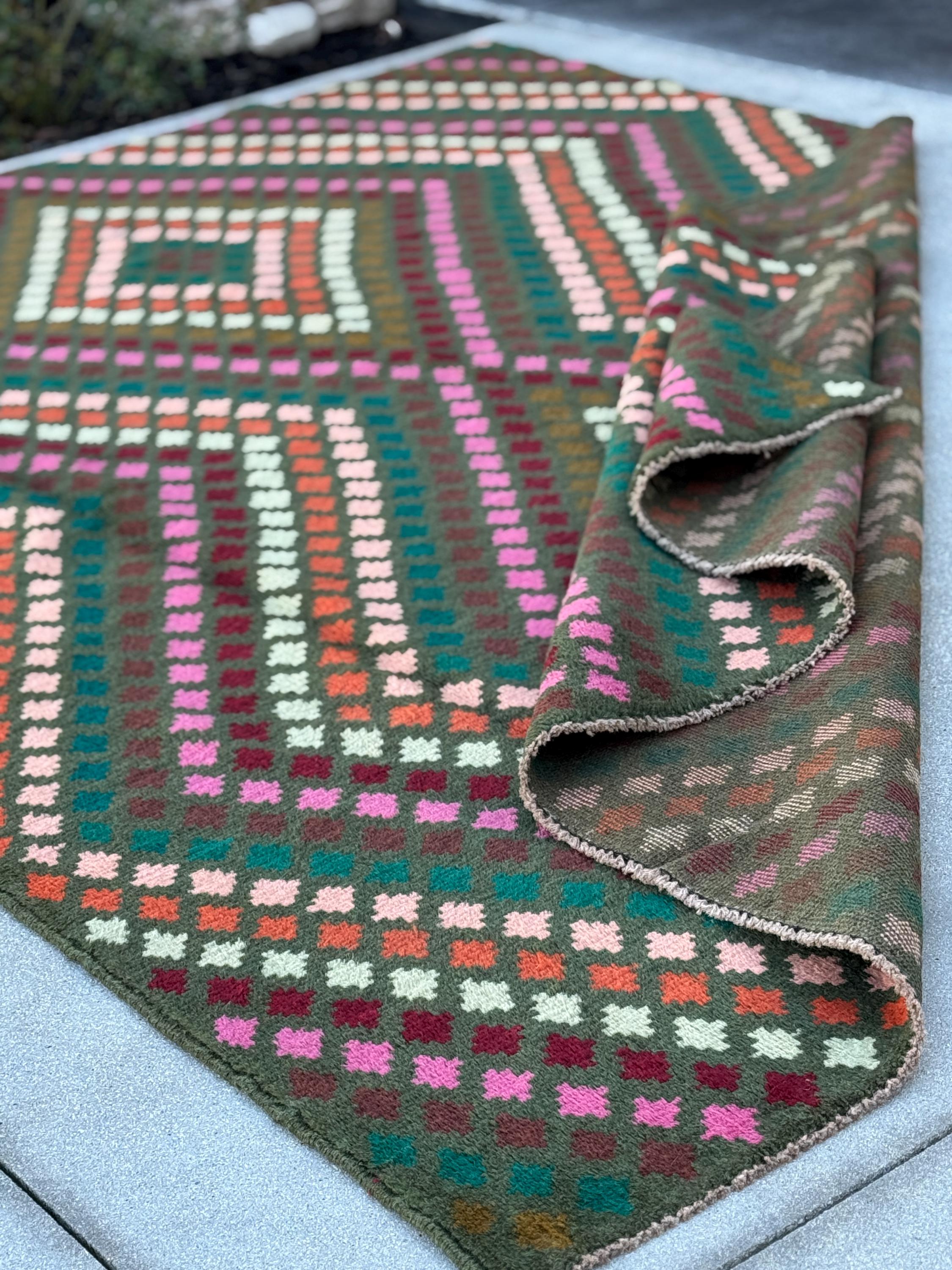 7x10 (215x305) Handmade Vintage Afghan Baluch Rug | Olive Green Burgundy Pink Coral Burnt Orange Cream White Mustard Yellow Teal Aqua Blue