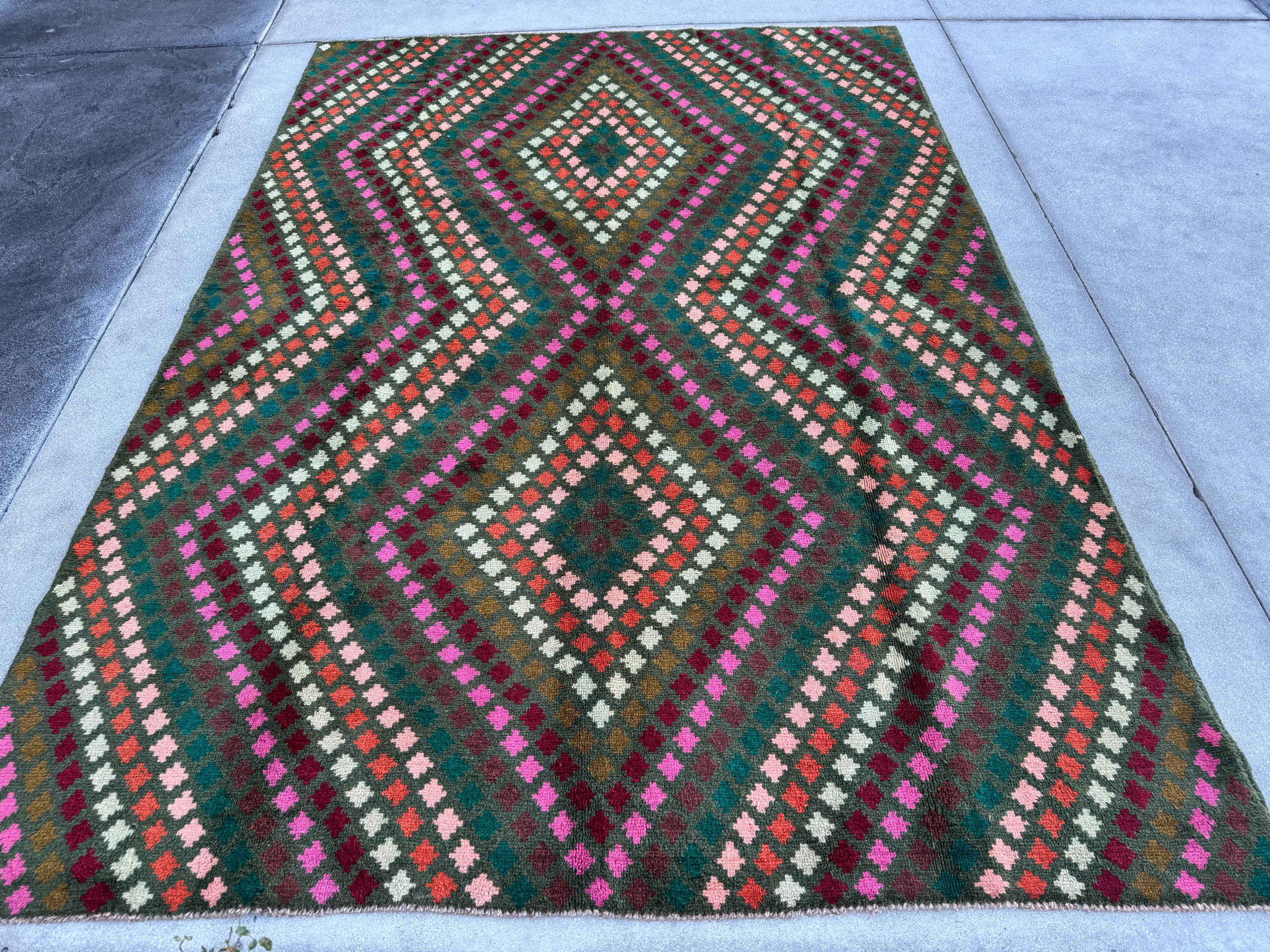 7x10 (215x305) Handmade Vintage Afghan Baluch Rug | Olive Green Burgundy Pink Coral Burnt Orange Cream White Mustard Yellow Teal Aqua Blue