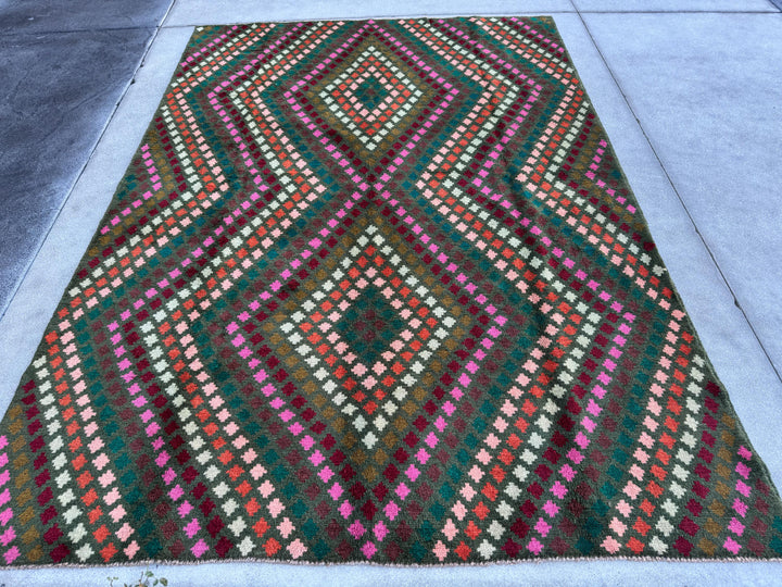 7x10 (215x305) Handmade Vintage Afghan Baluch Rug | Olive Green Burgundy Pink Coral Burnt Orange Cream White Mustard Yellow Teal Aqua Blue