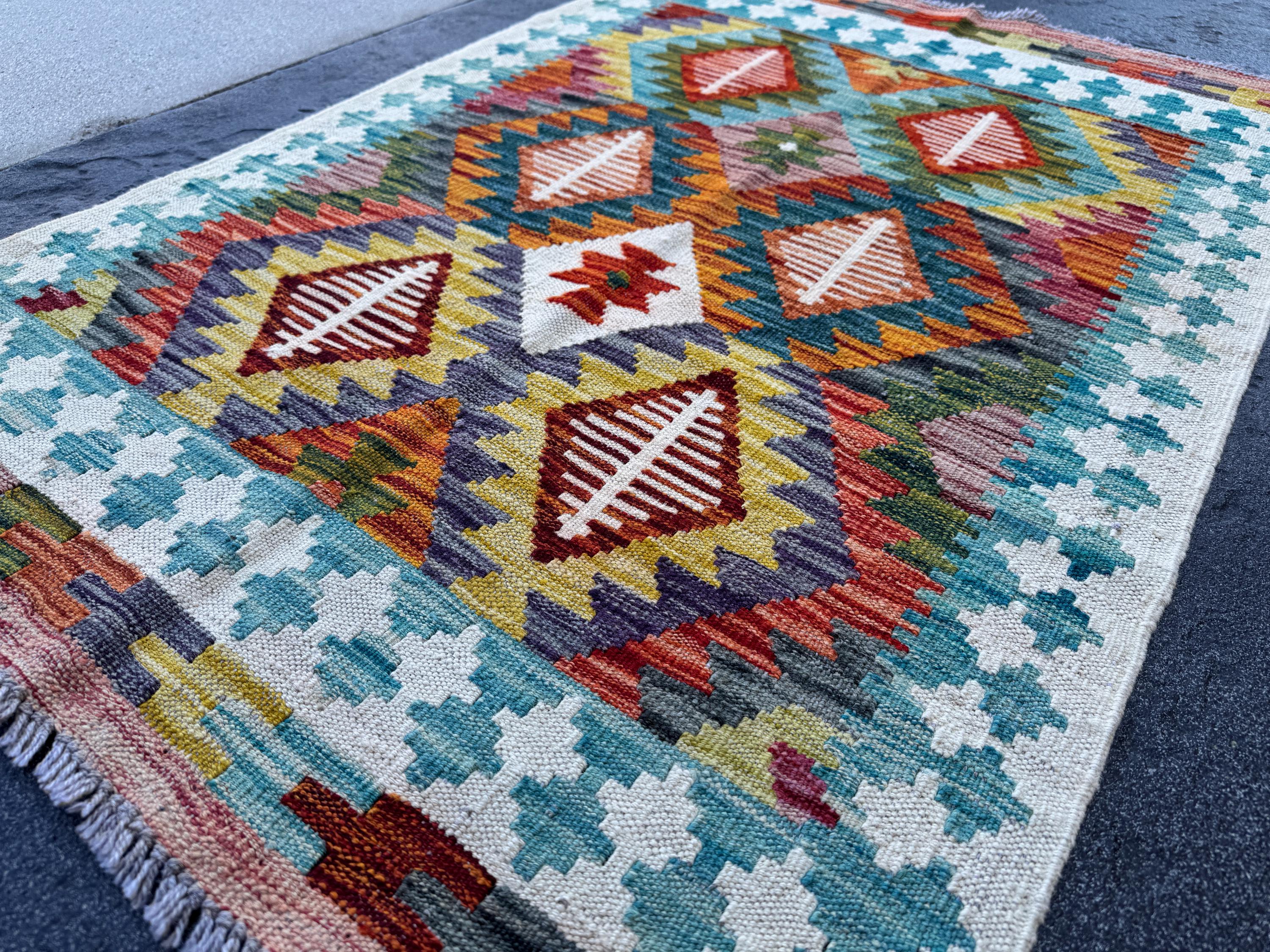 3x4 Handmade Afghan Kilim Rug | Cream White Teal Aqua Burnt Orange Mustard Yellow Olive Green Rust Red Purple Grey | Wool Flatwoven