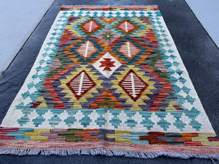 3x4 Handmade Afghan Kilim Rug | Cream White Teal Aqua Burnt Orange Mustard Yellow Olive Green Rust Red Purple Grey | Wool Flatwoven