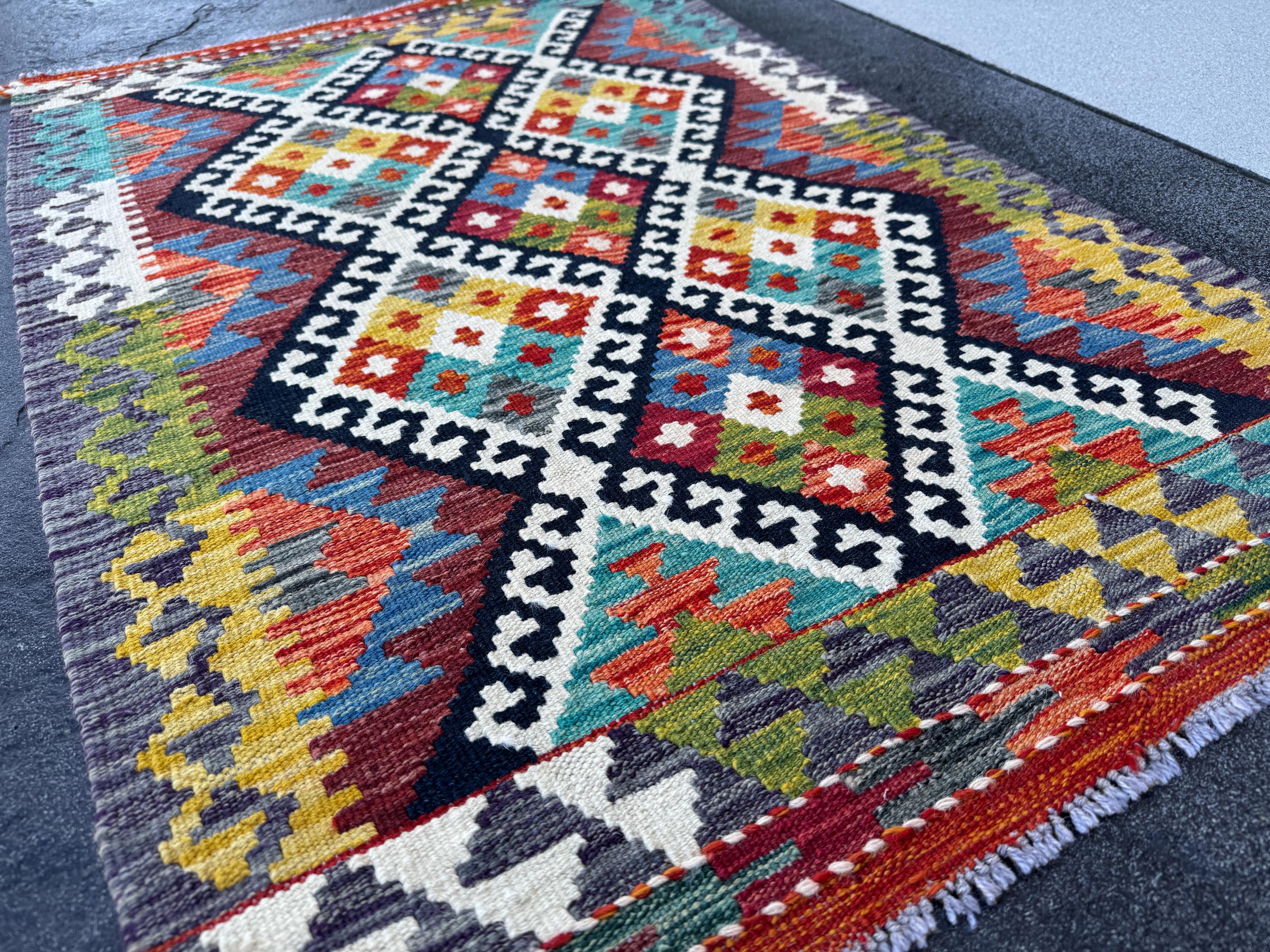 3x4 Handmade Afghan Kilim Rug | Ivory Black Rust Red Burnt Orange Mustard Yellow Olive Green Teal Aqua Blue Navy Purple Grey | Flatwoven