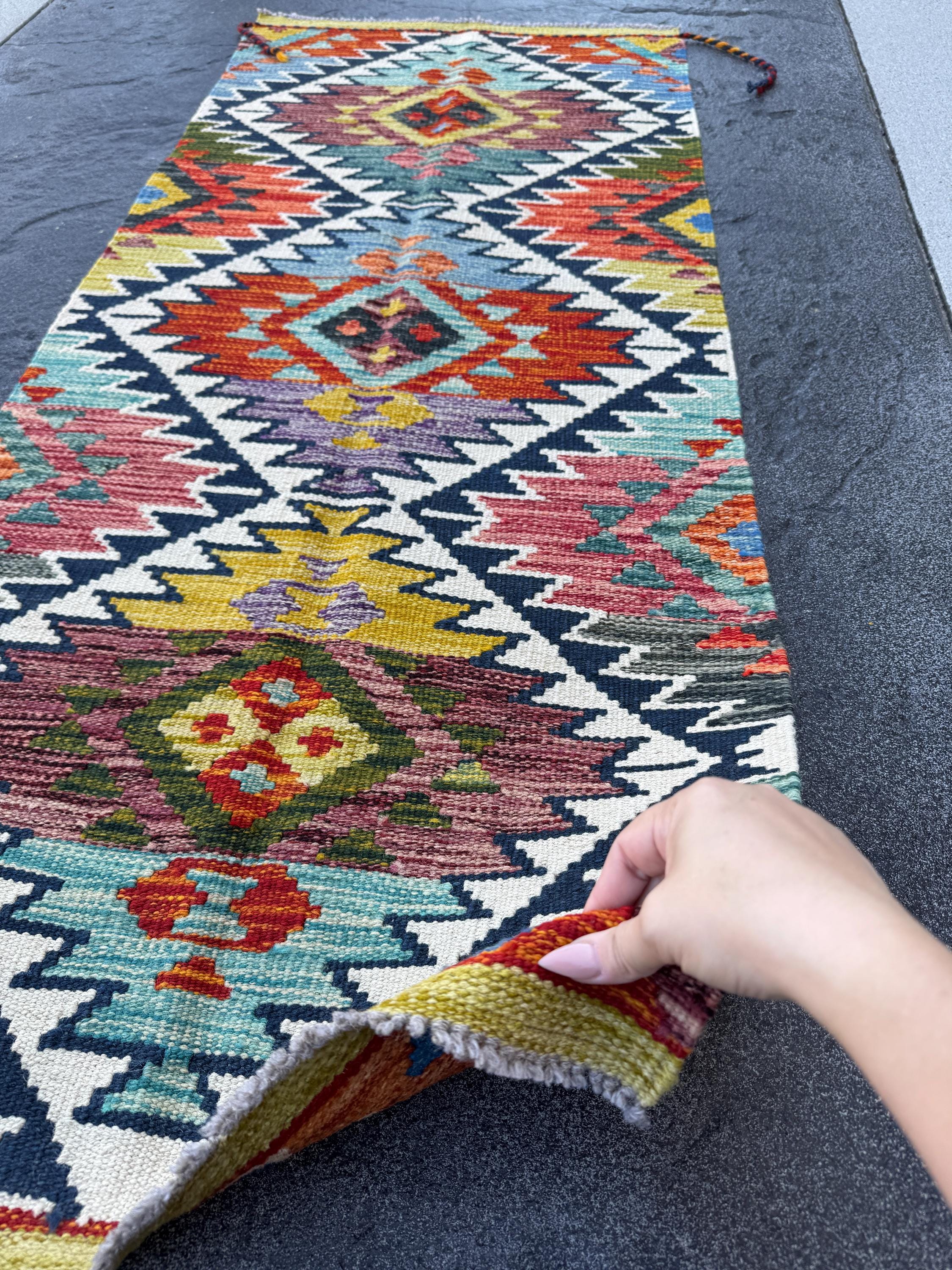 2x5 Handmade Afghan Kilim Runner Rug | Cream White Rust Red Burnt Orange Mustard Yellow Olive Green Teal Aqua Blue Navy Purple Grey | Wool