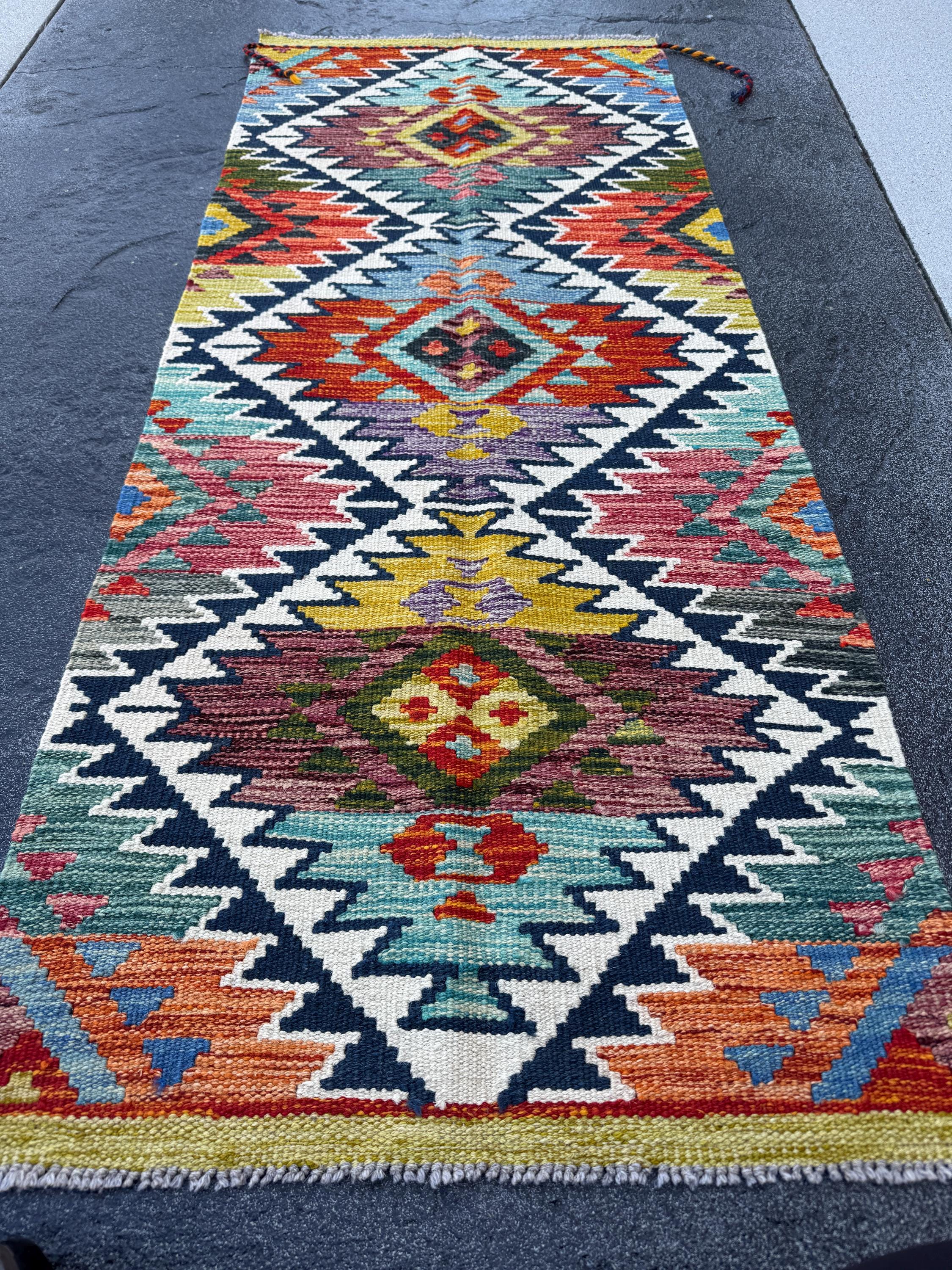2x5 Handmade Afghan Kilim Runner Rug | Cream White Rust Red Burnt Orange Mustard Yellow Olive Green Teal Aqua Blue Navy Purple Grey | Wool