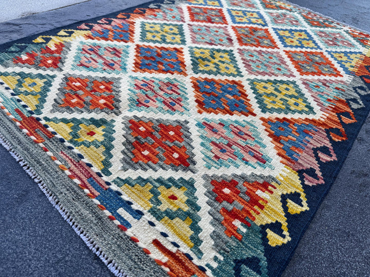 3x4 Handmade Afghan Kilim Rug | Cream Rust Red Burnt Orange Mustard Yellow Olive Green Teal Aqua Blue Navy Grey | Wool Flatwoven