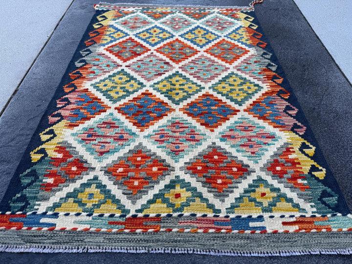 3x4 Handmade Afghan Kilim Rug | Cream Rust Red Burnt Orange Mustard Yellow Olive Green Teal Aqua Blue Navy Grey | Wool Flatwoven