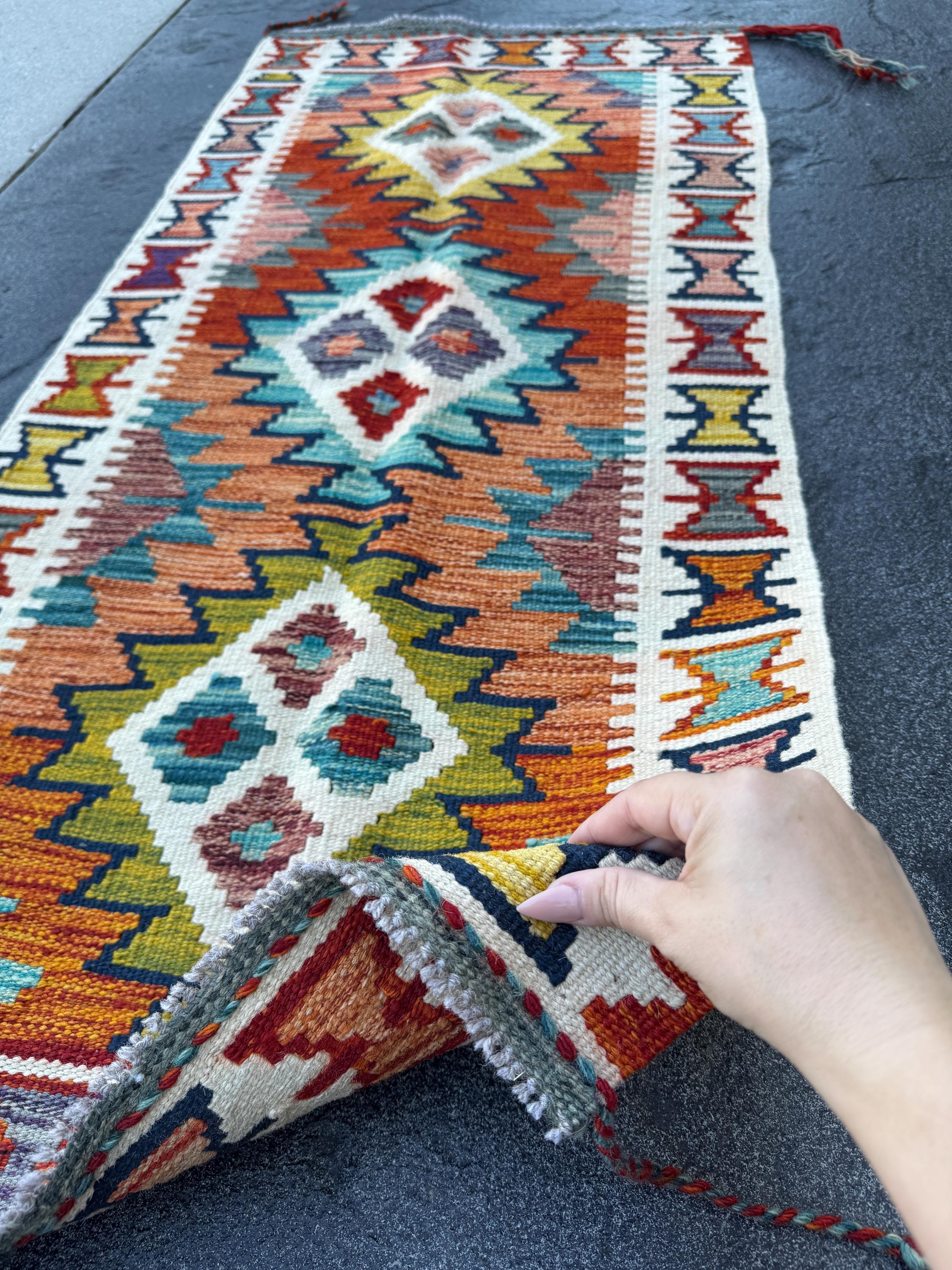 2x5 Handmade Afghan Kilim Runner Rug | Burnt Orange Mustard Yellow Olive Green Teal Aqua Blue Rust Red Cream White Navy Purple Grey | Wool