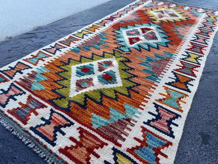 2x5 Handmade Afghan Kilim Runner Rug | Burnt Orange Mustard Yellow Olive Green Teal Aqua Blue Rust Red Cream White Navy Purple Grey | Wool