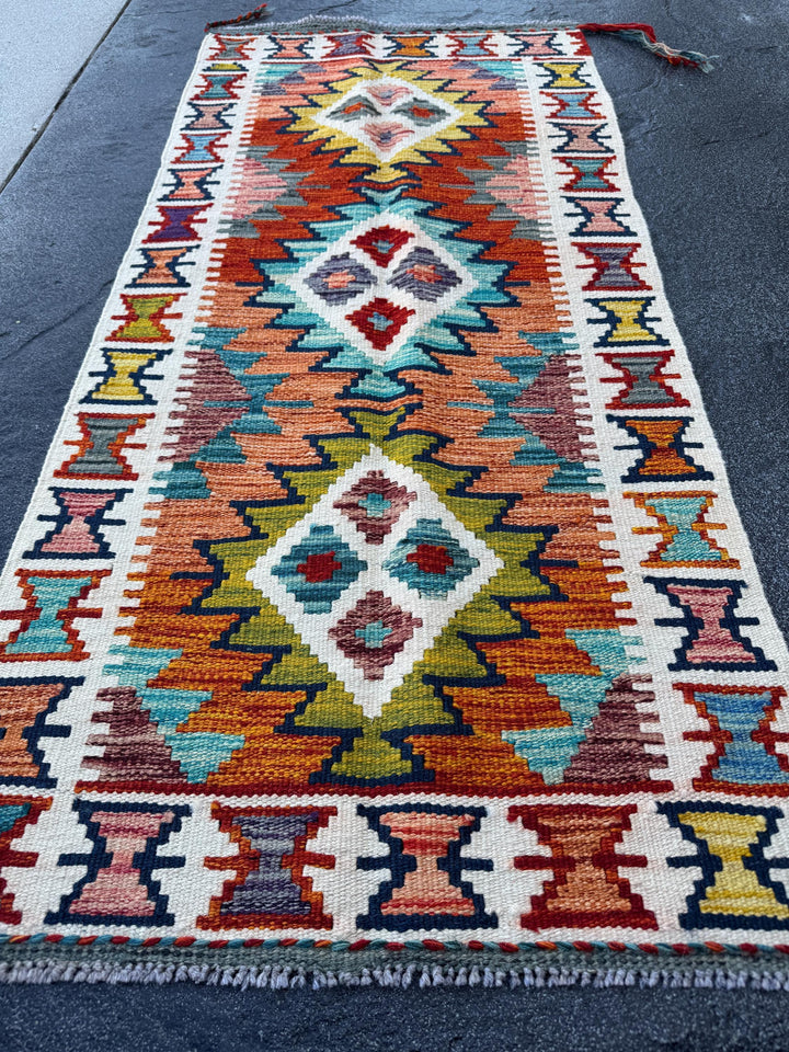 2x5 Handmade Afghan Kilim Runner Rug | Burnt Orange Mustard Yellow Olive Green Teal Aqua Blue Rust Red Cream White Navy Purple Grey | Wool