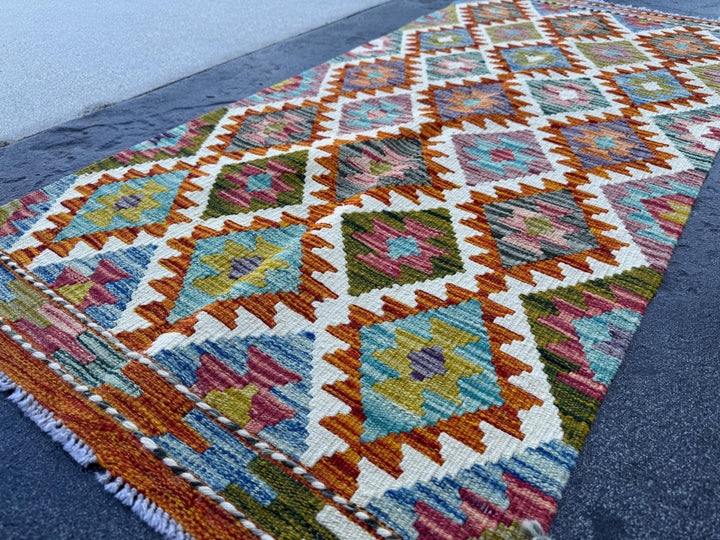 2x5 Handmade Afghan Kilim Runner Rug | Burnt Orange Cream White Mustard Yellow Olive Green Teal Aqua Blue Pink Purple Grey | Wool Flatwoven