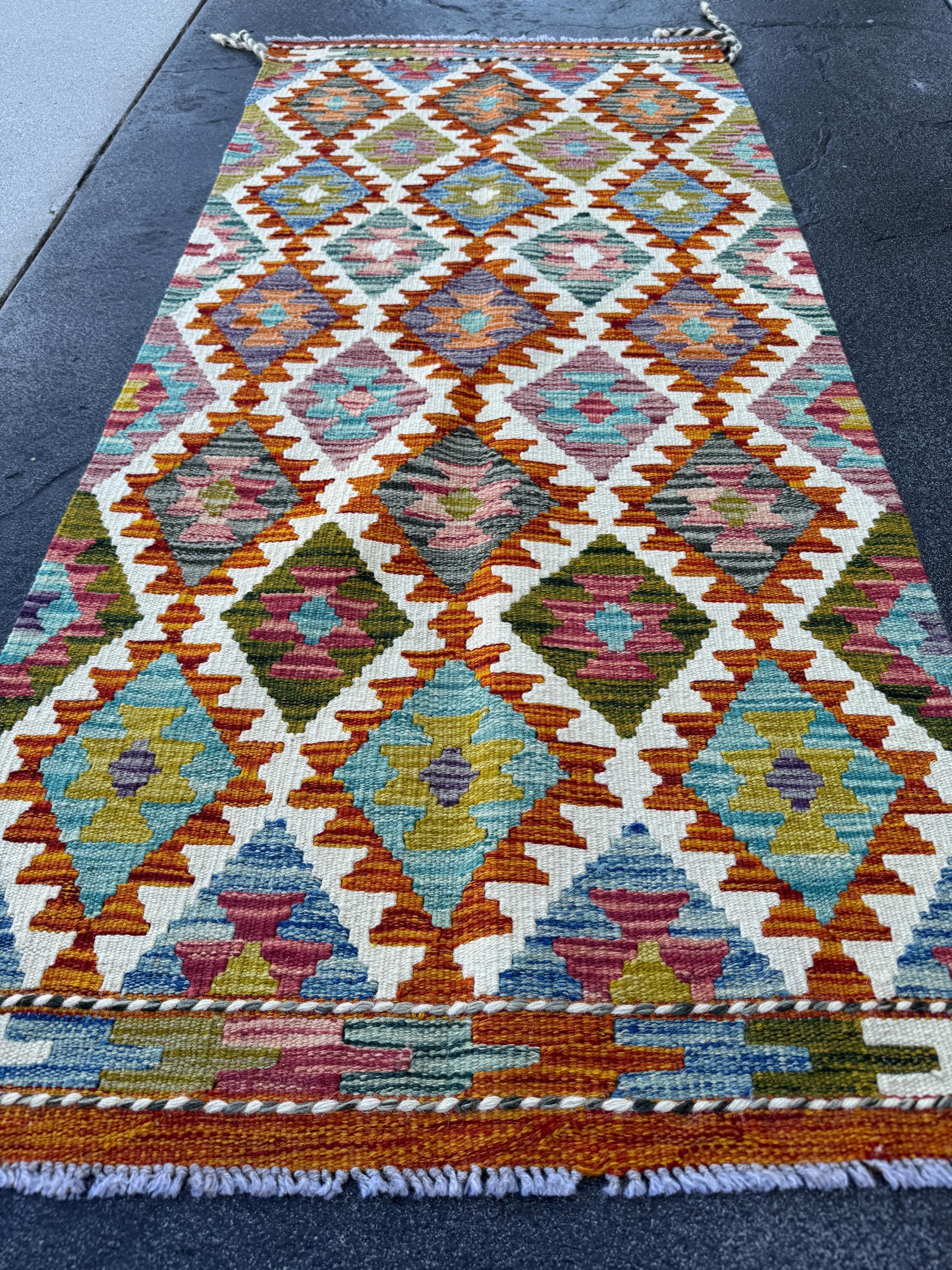 2x5 Handmade Afghan Kilim Runner Rug | Burnt Orange Cream White Mustard Yellow Olive Green Teal Aqua Blue Pink Purple Grey | Wool Flatwoven