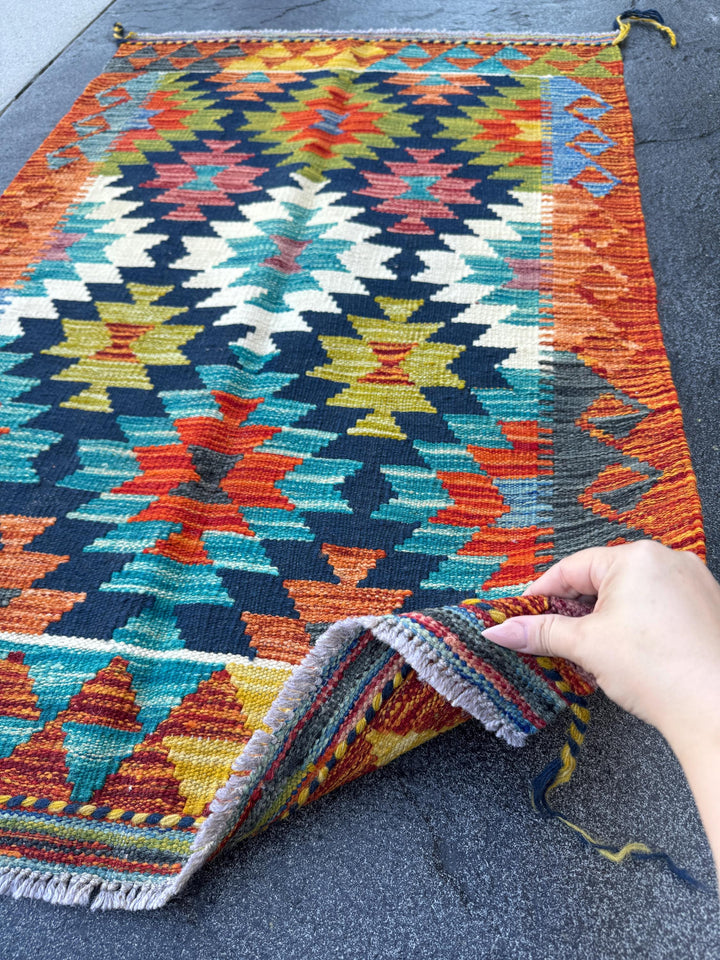 3x4 Handmade Afghan Kilim Rug | Navy Blue Rust Red Burnt Orange Mustard Yellow Cream White Teal Aqua Olive Green Purple Grey | Flatwoven