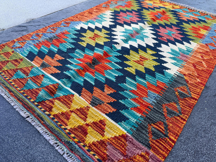 3x4 Handmade Afghan Kilim Rug | Navy Blue Rust Red Burnt Orange Mustard Yellow Cream White Teal Aqua Olive Green Purple Grey | Flatwoven