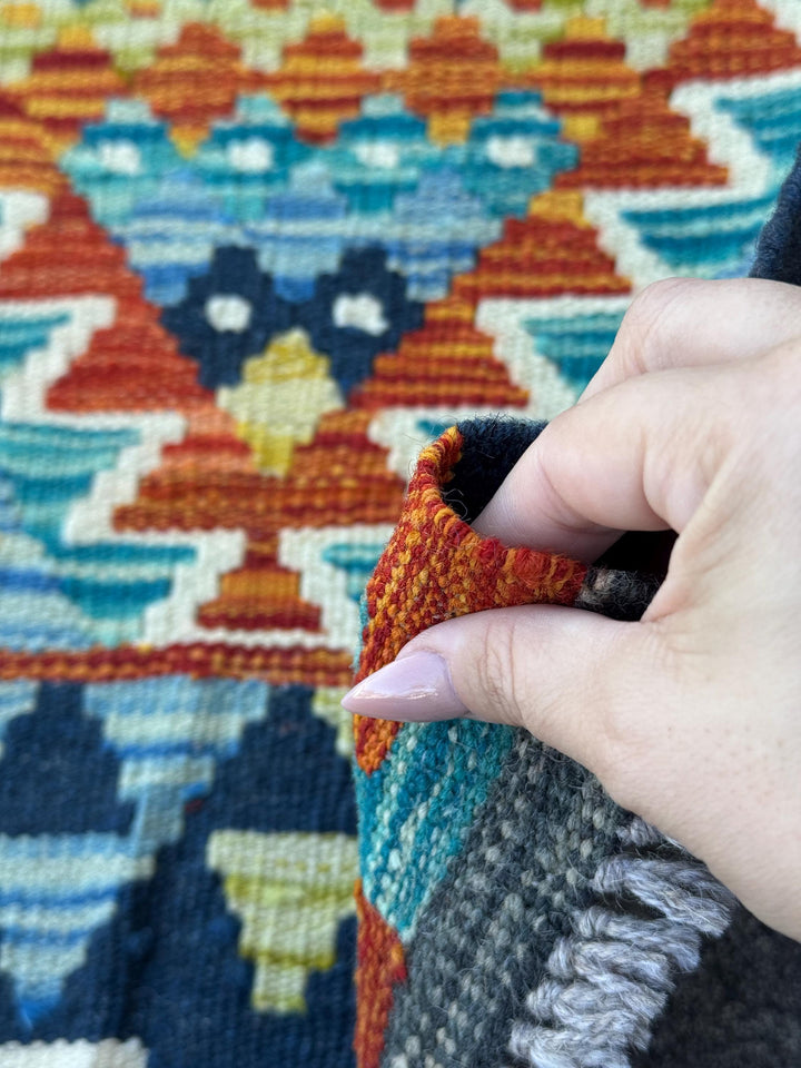 3x4 Handmade Afghan Kilim Rug | Navy Blue Rust Red Burnt Orange Cream White Mustard Yellow Olive Green Teal Aqua Grey | Wool Flatwoven