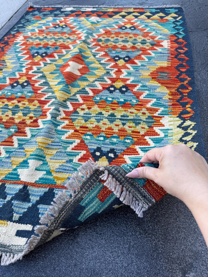 3x4 Handmade Afghan Kilim Rug | Navy Blue Rust Red Burnt Orange Cream White Mustard Yellow Olive Green Teal Aqua Grey | Wool Flatwoven