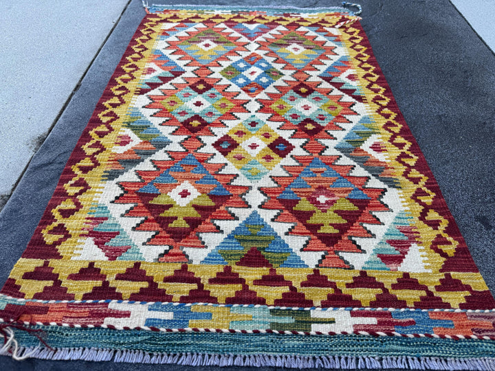 3x4 Handmade Afghan Kilim Rug | Burgundy Red Mustard Yellow Cream White Olive Green Teal Aqua Blue Rust Orange Navy Grey | Wool Flatwoven
