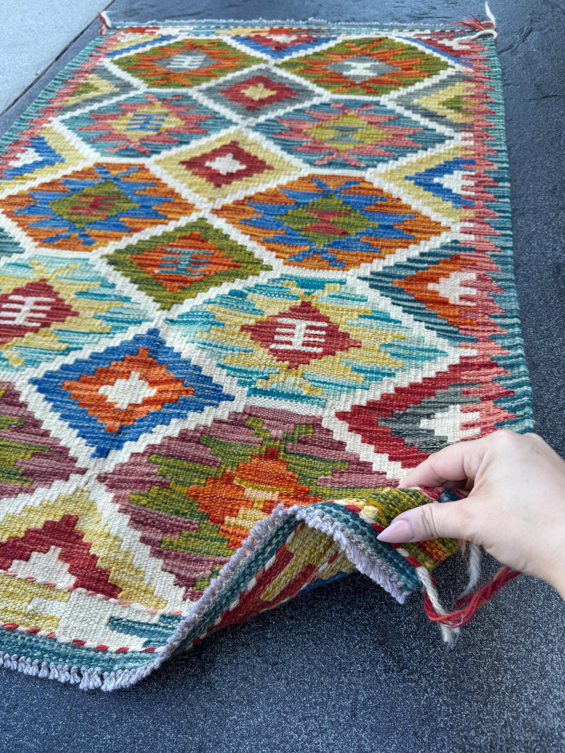 3x4 Handmade Afghan Kilim Rug | Burnt Orange Rust Red Cream White Mustard Yellow Olive Green Teal Aqua Blue Navy Purple Grey | Flatwoven