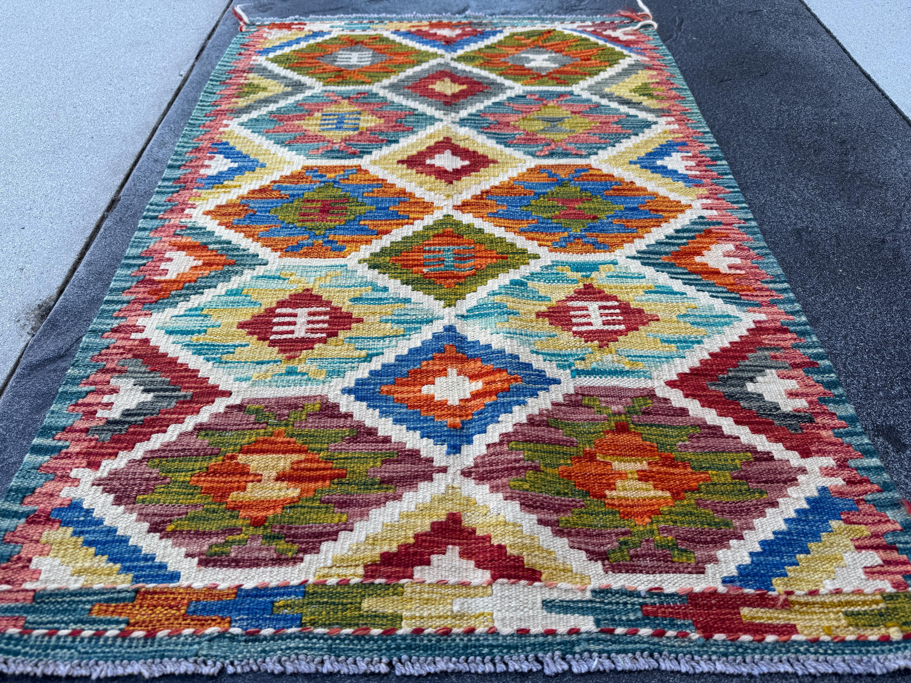 3x4 Handmade Afghan Kilim Rug | Burnt Orange Rust Red Cream White Mustard Yellow Olive Green Teal Aqua Blue Navy Purple Grey | Flatwoven